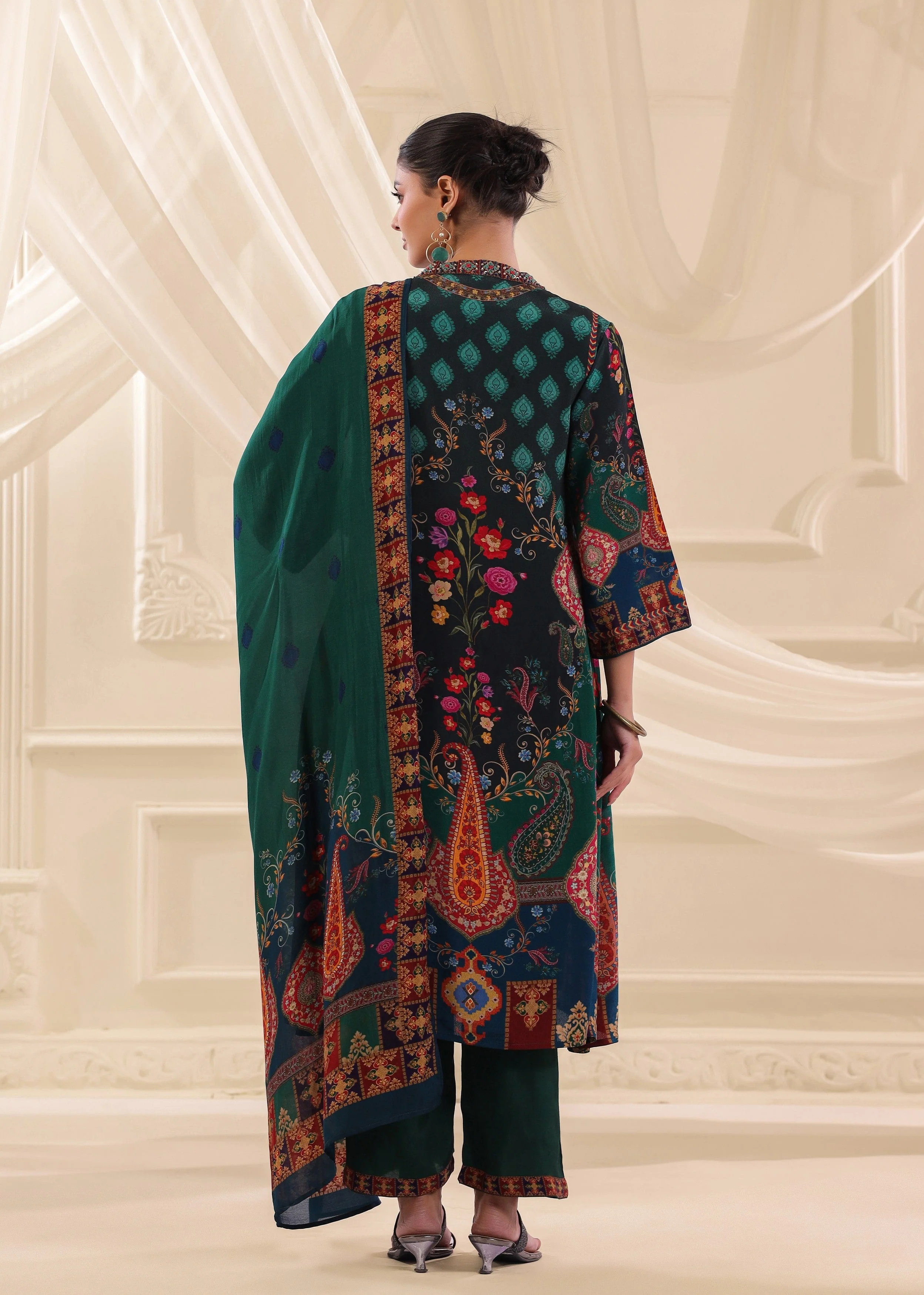 Bottle Green Printed Crepe Silk Pant Set - Image 4