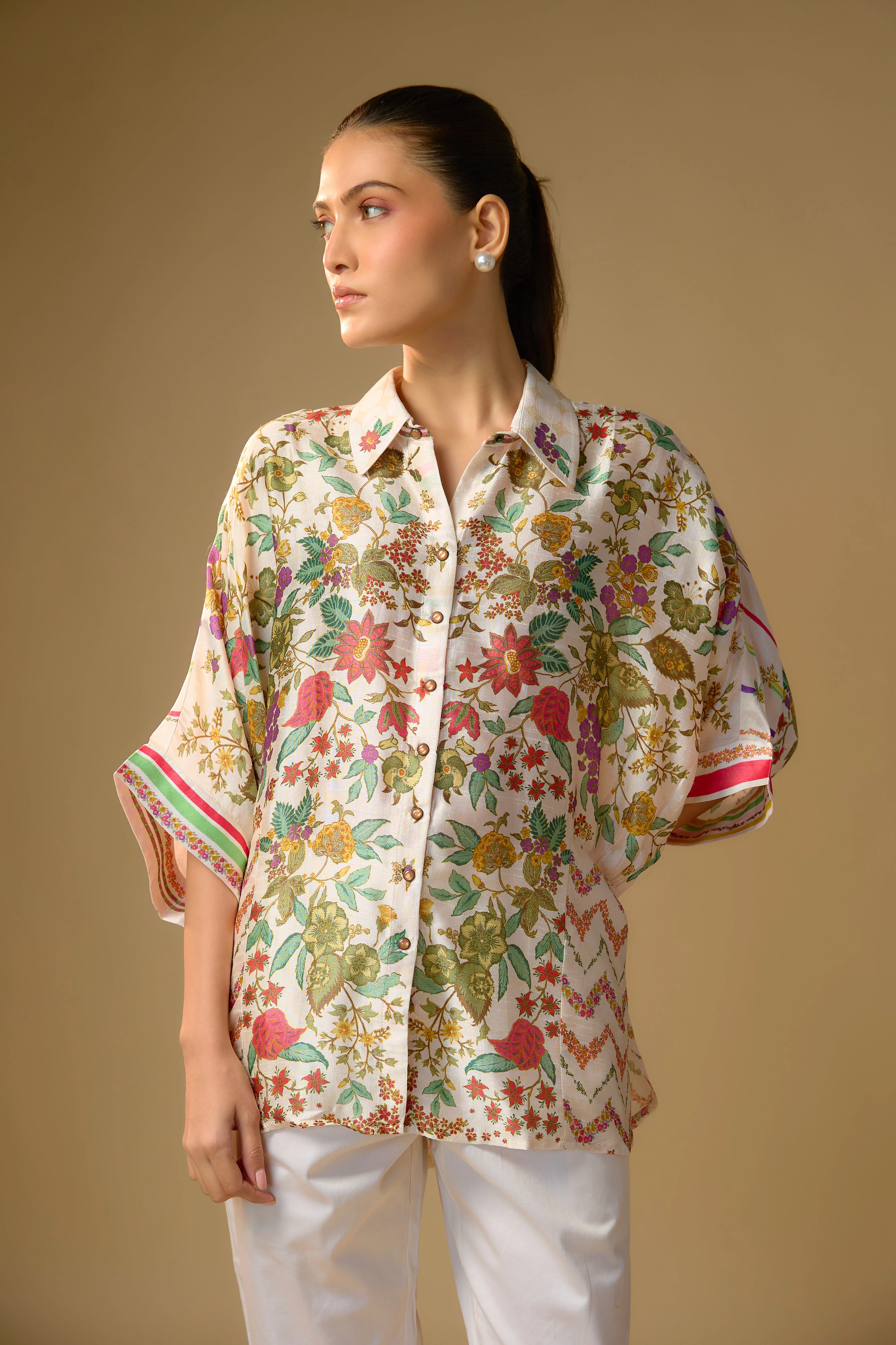 Ivory Printed Slub Cotton Silk Tunic Top - Image 2
