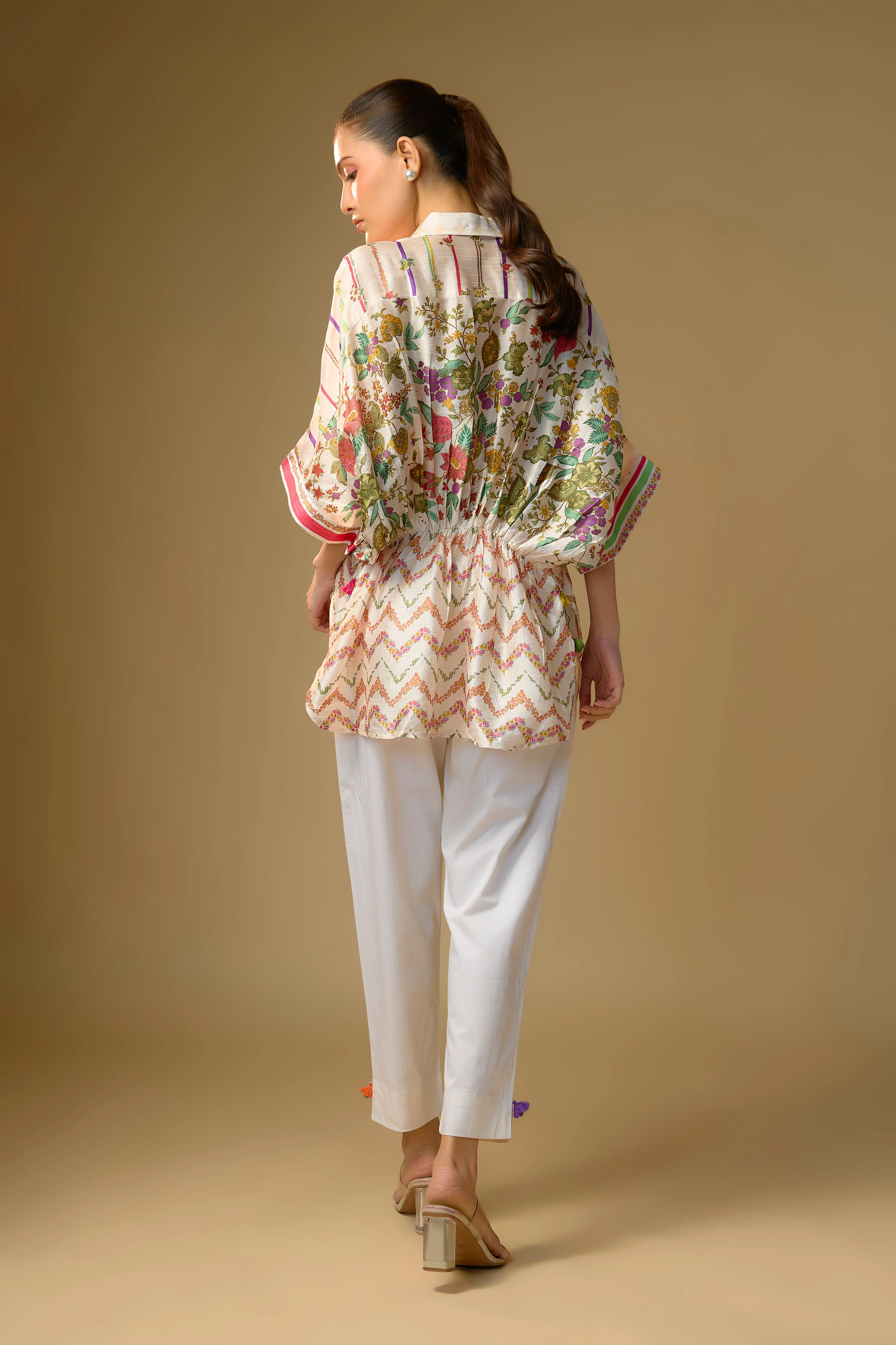Ivory Printed Slub Cotton Silk Tunic Top - Image 3