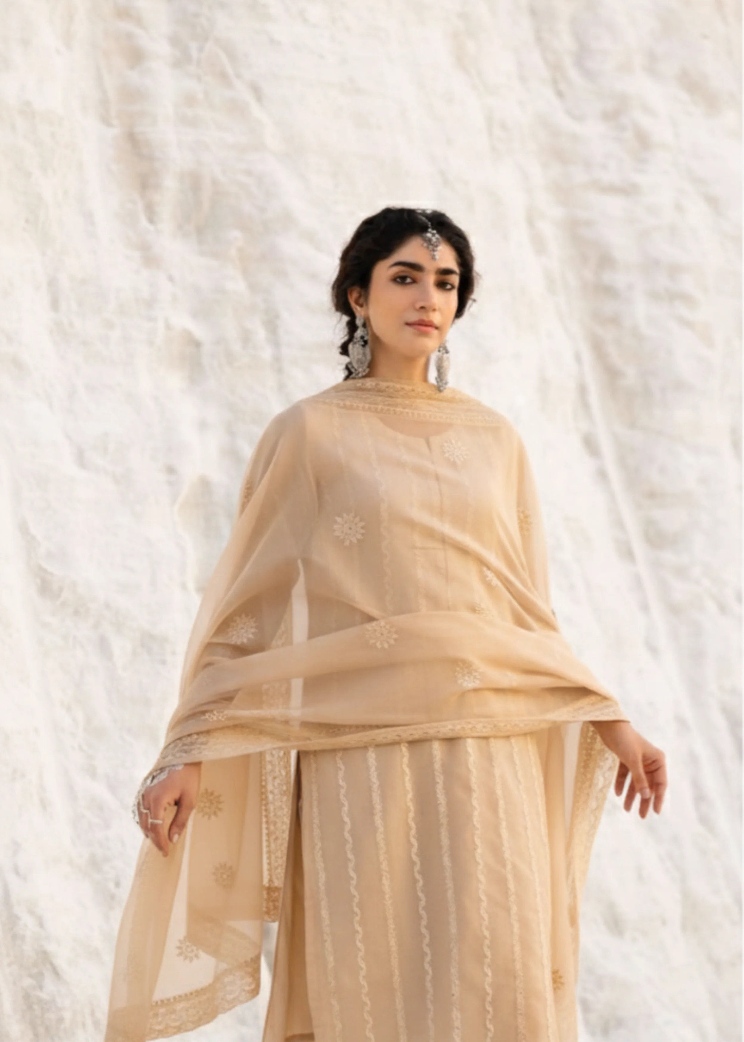 Bright Beige Chikankari Mul-Chanderi Silk Pant Set - Image 2