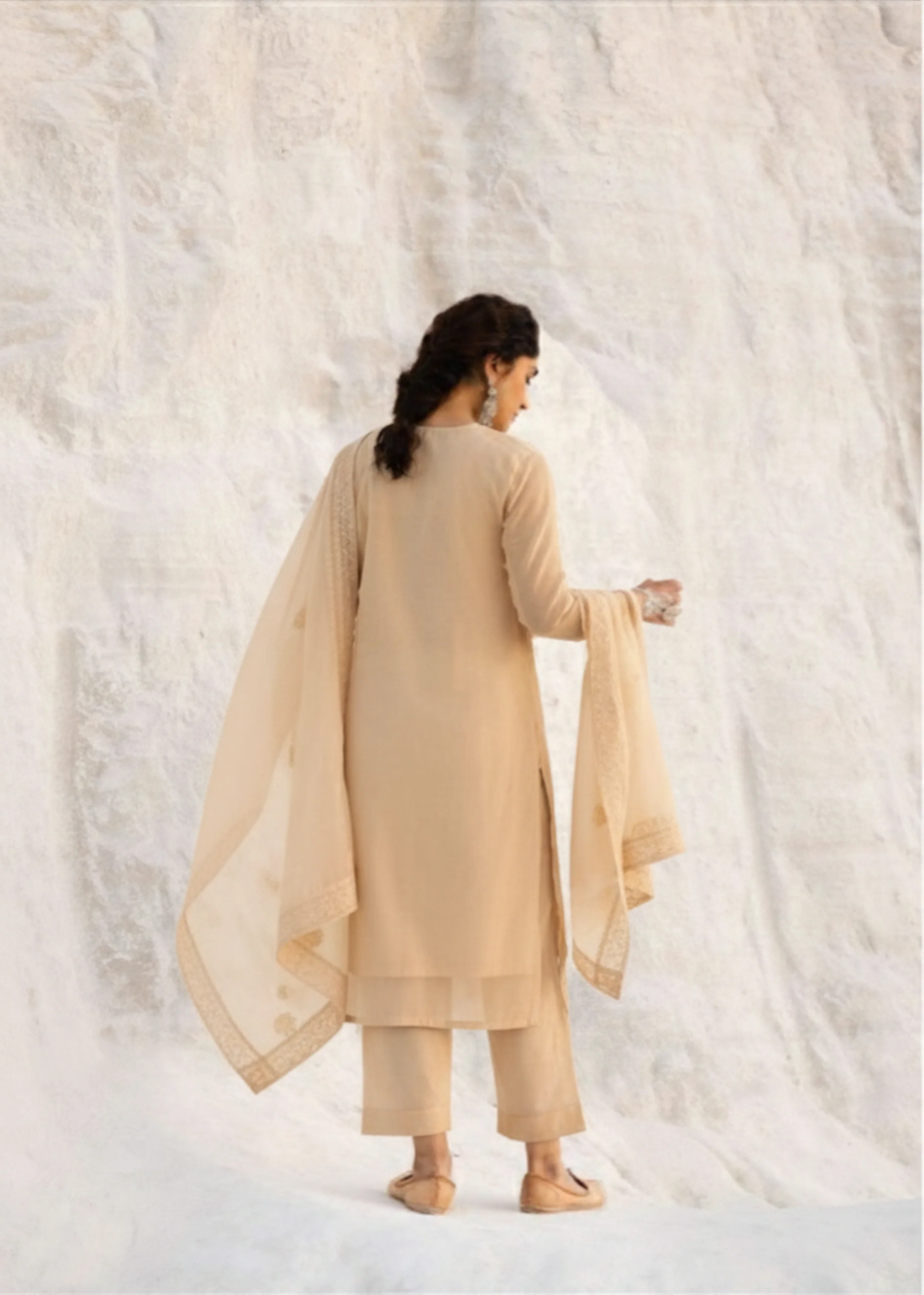 Bright Beige Chikankari Mul-Chanderi Silk Pant Set - Image 4