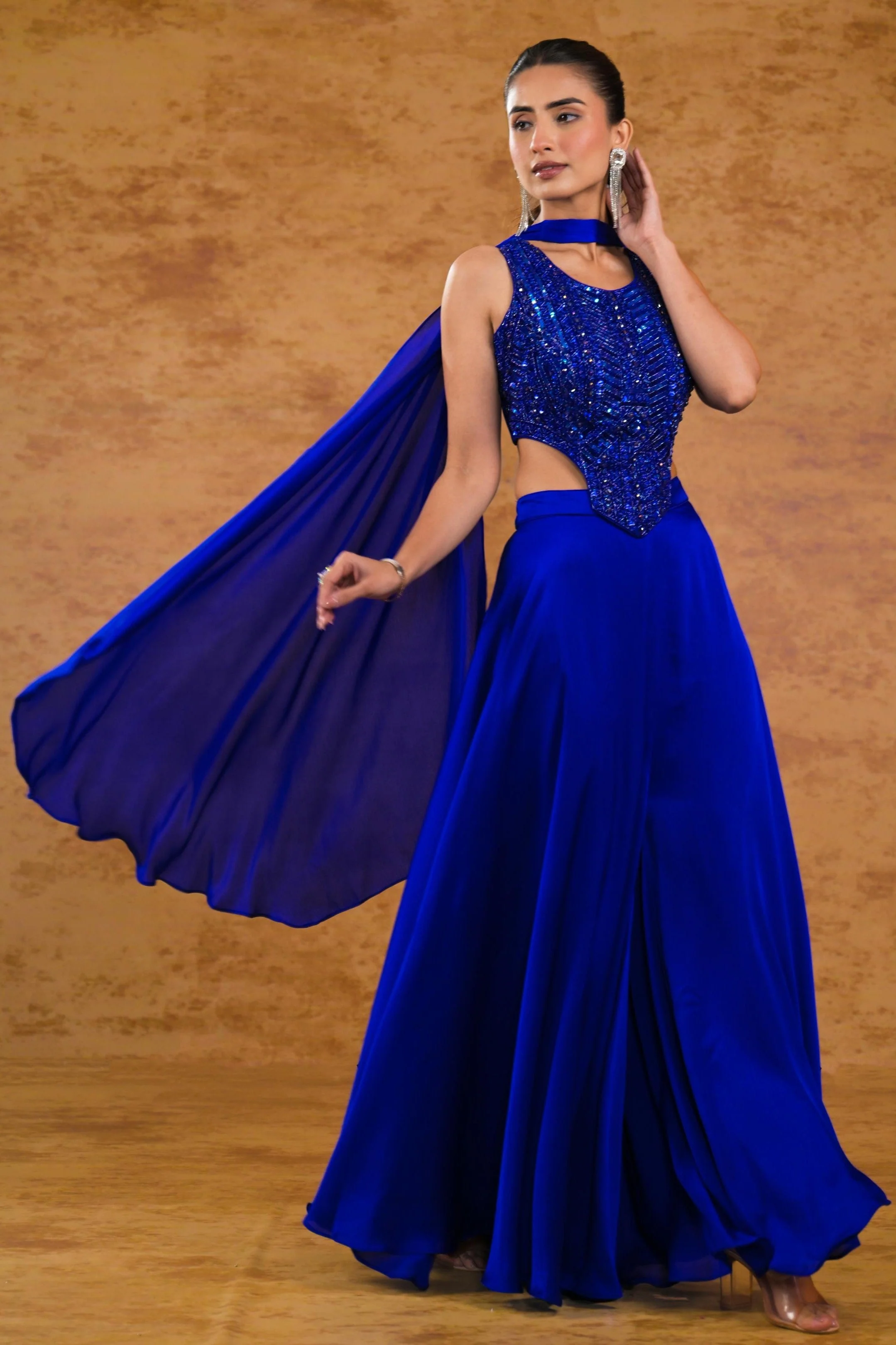 Bright Blue Embellished Satin Silk Palazzo Set - Image 3