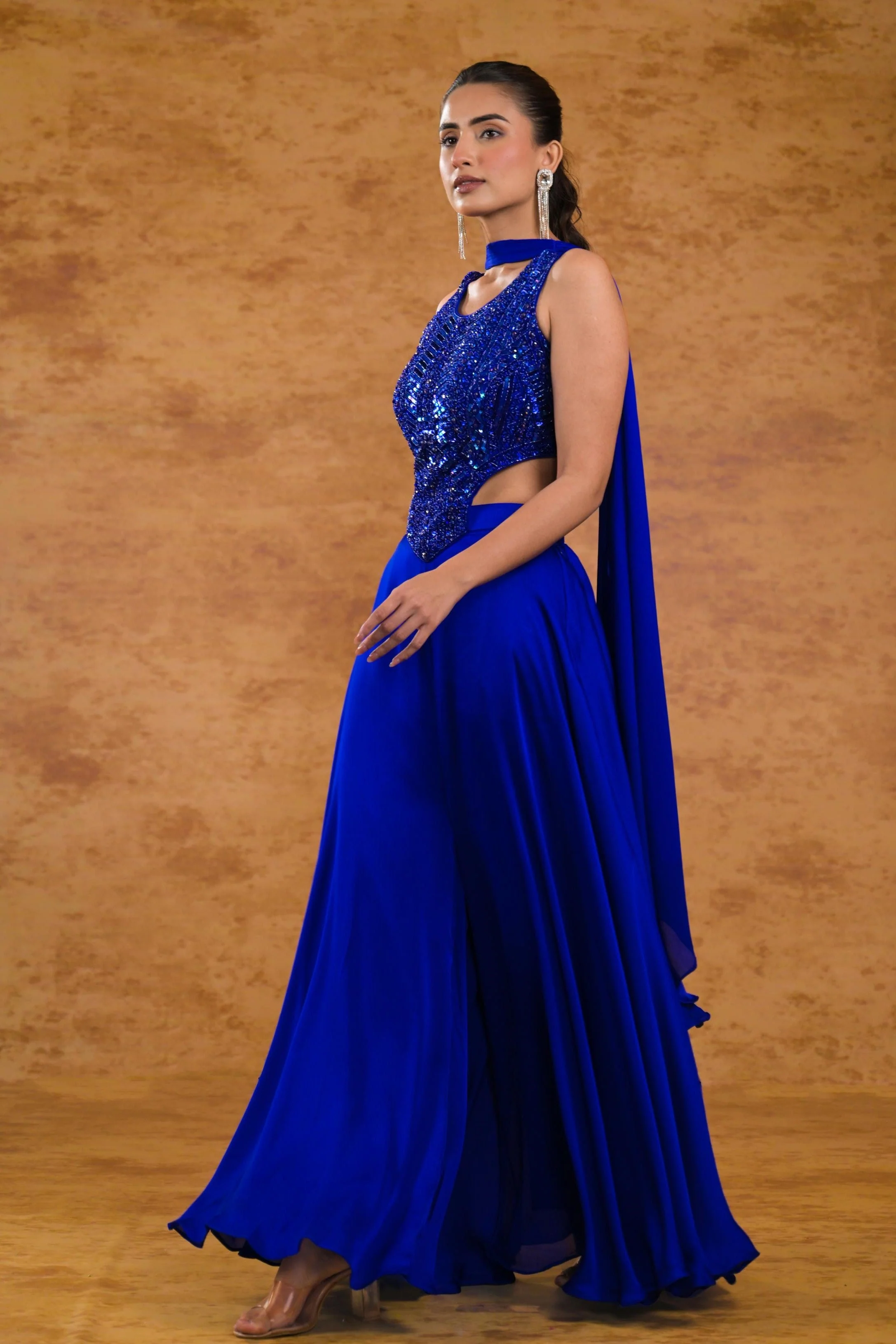 Bright Blue Embellished Satin Silk Palazzo Set - Image 4