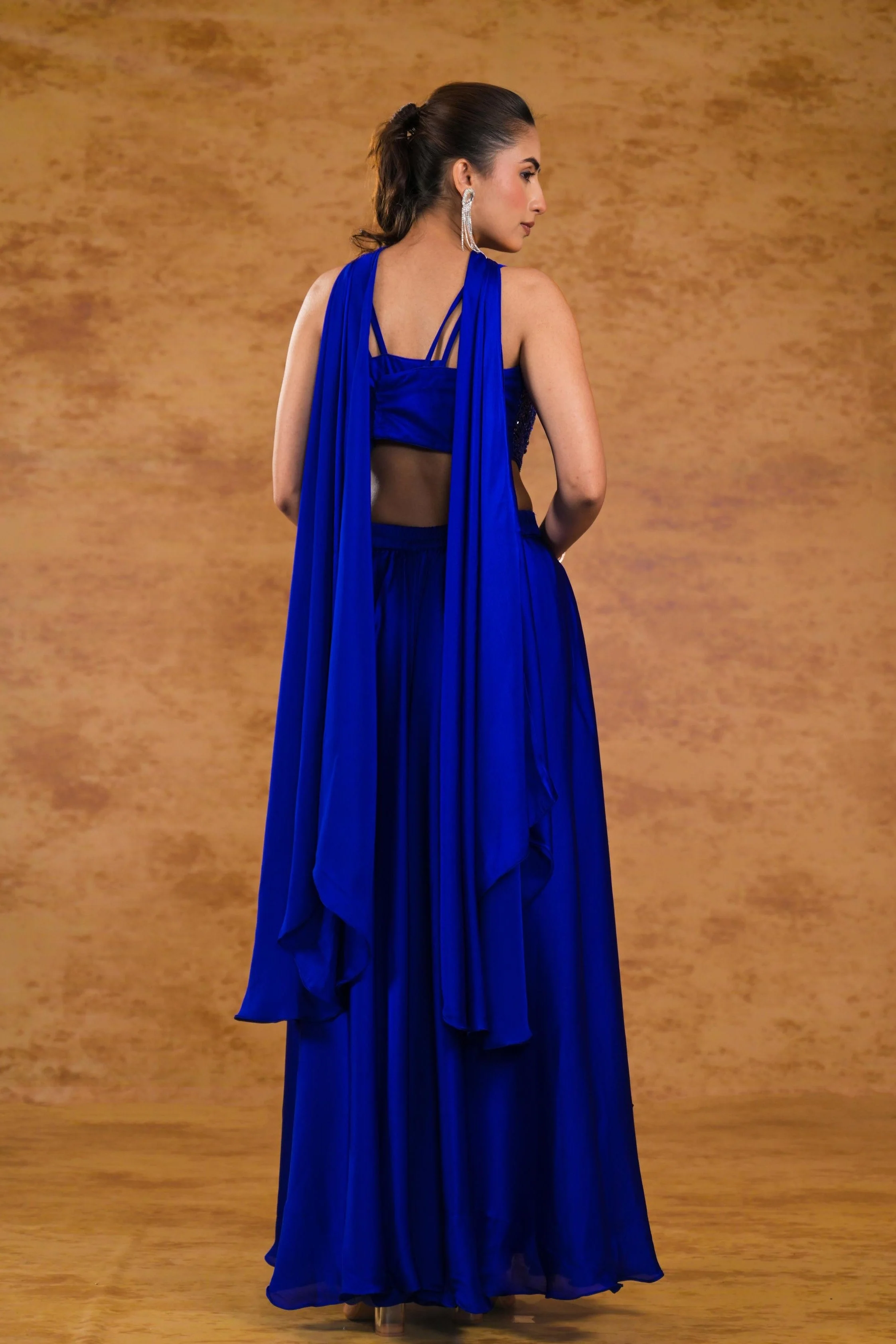 Bright Blue Embellished Satin Silk Palazzo Set - Image 5