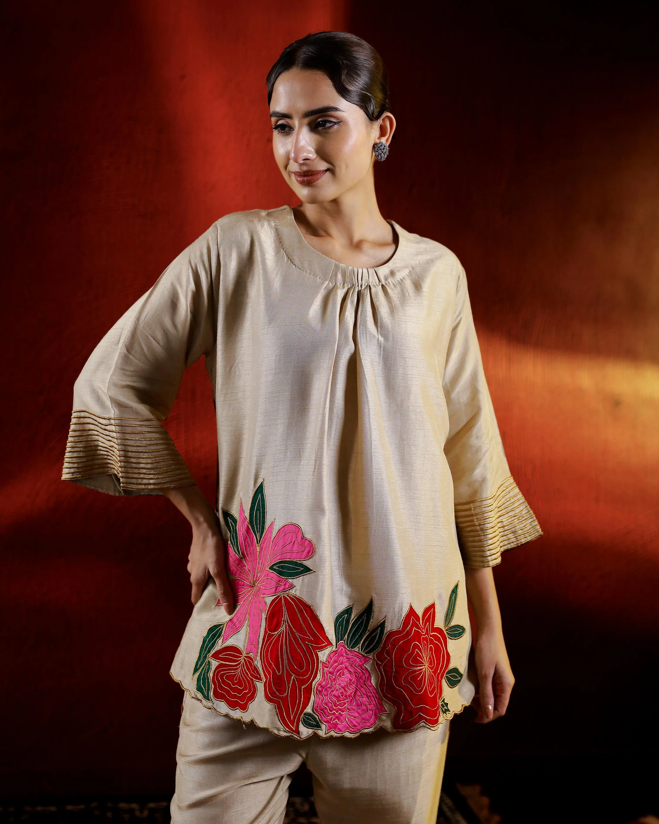 Beige Floral Applique Embroidered Co-Ord Set - Image 2