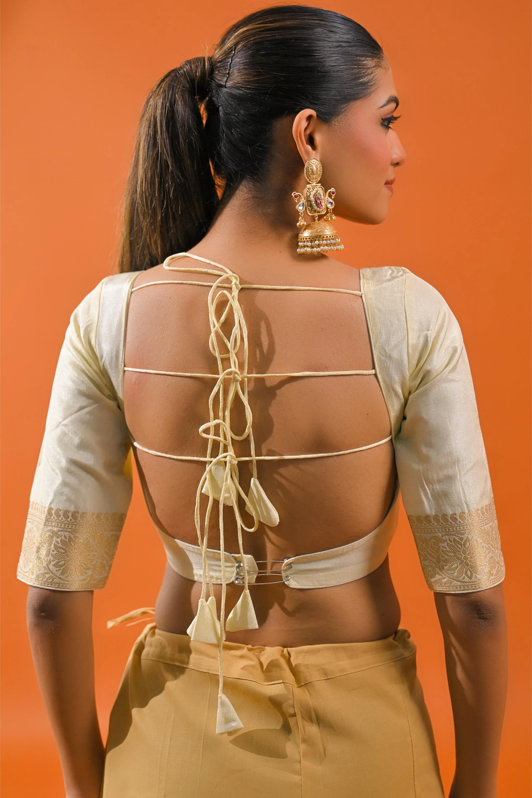 Bright Cream Embroidered Dola Silk Saree - Image 10
