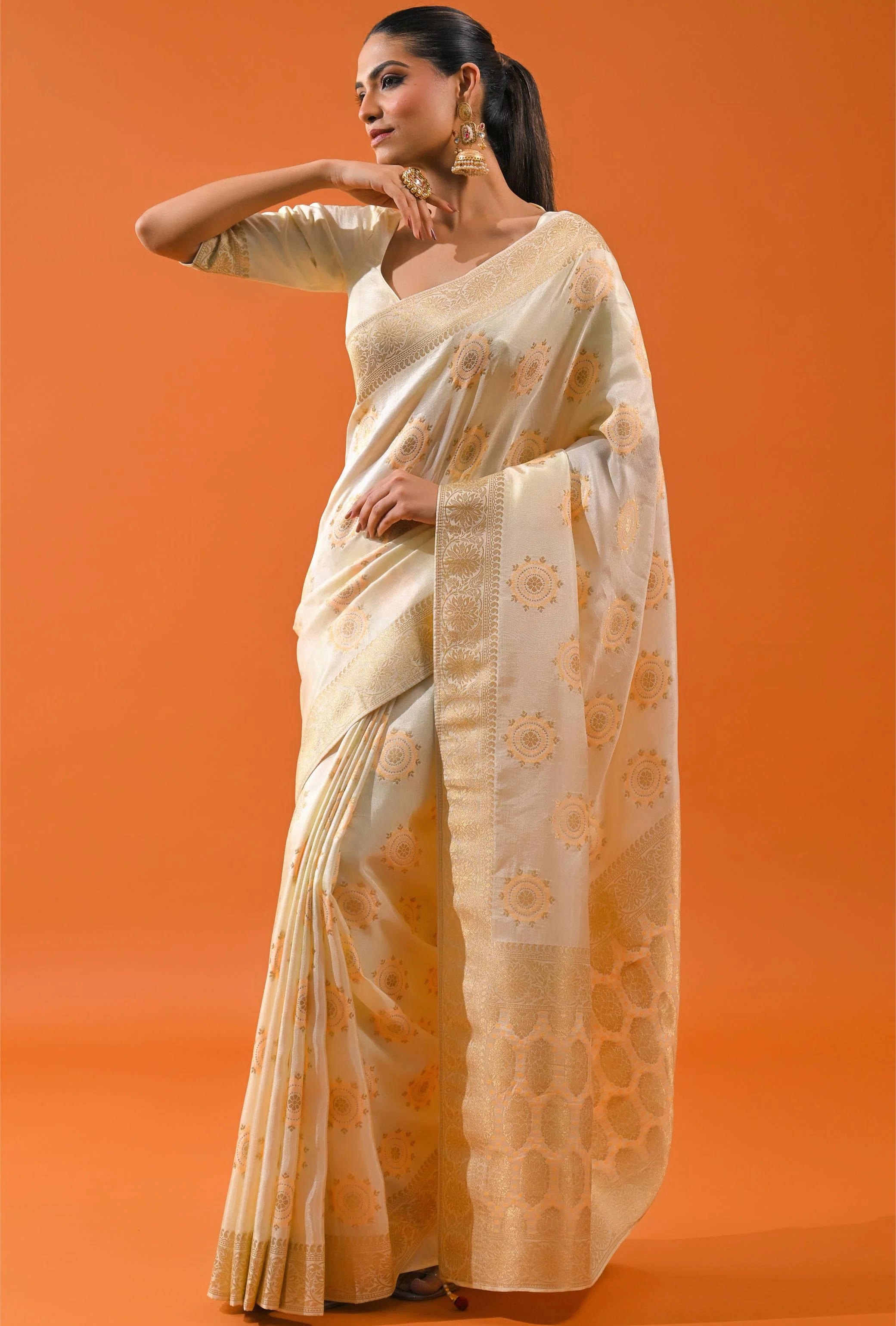 Bright Cream Embroidered Dola Silk Saree - Image 2
