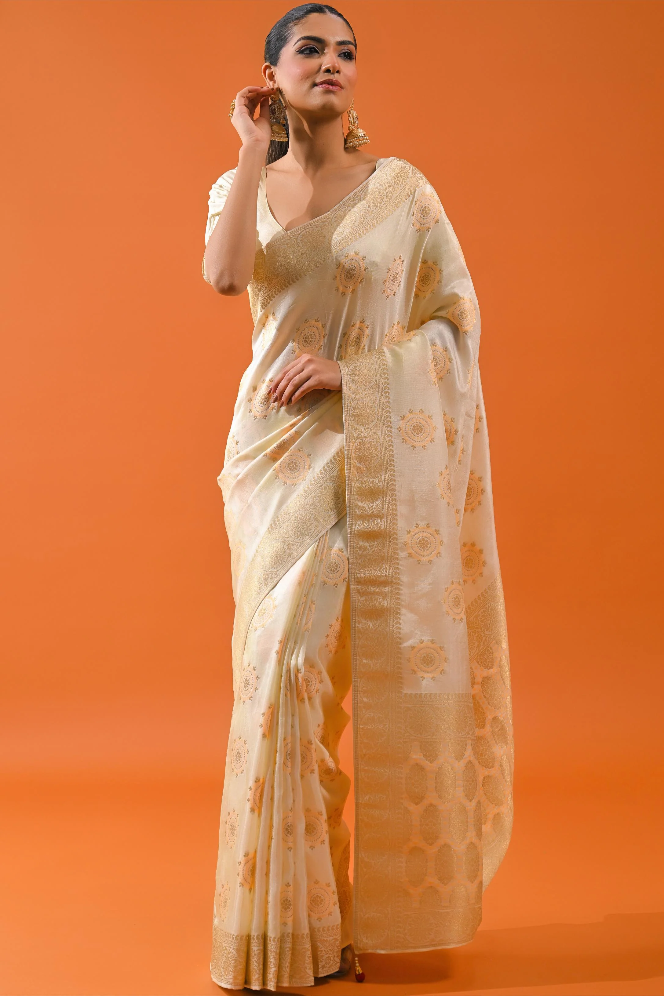 Bright Cream Embroidered Dola Silk Saree - Image 3