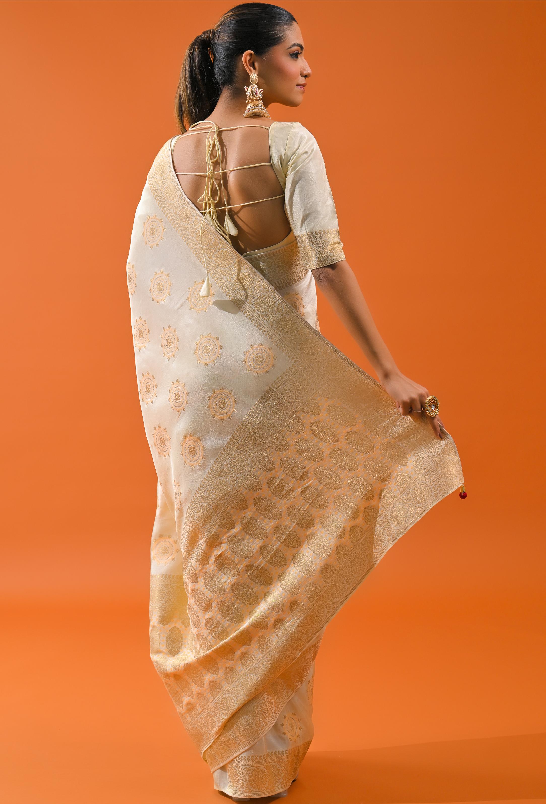 Bright Cream Embroidered Dola Silk Saree - Image 5