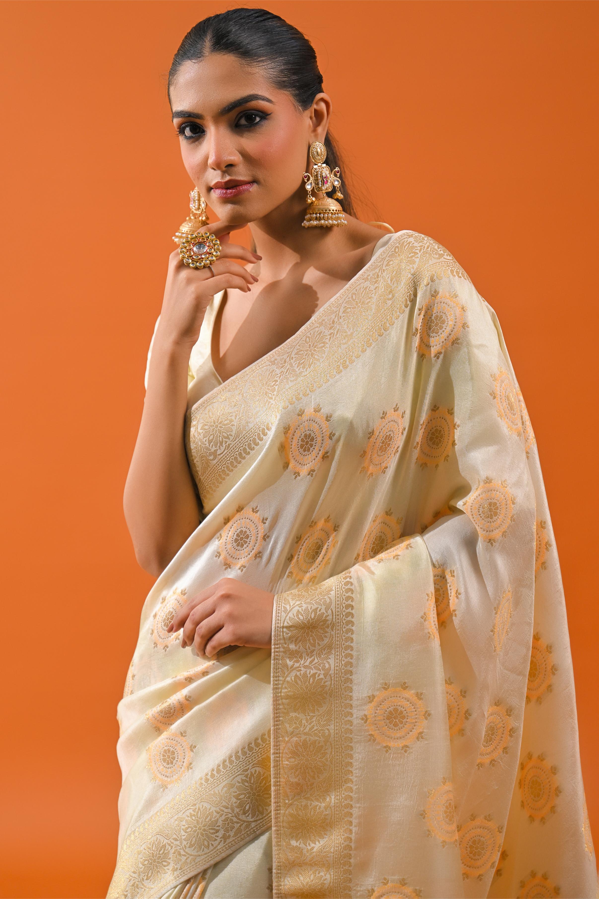 Bright Cream Embroidered Dola Silk Saree - Image 7