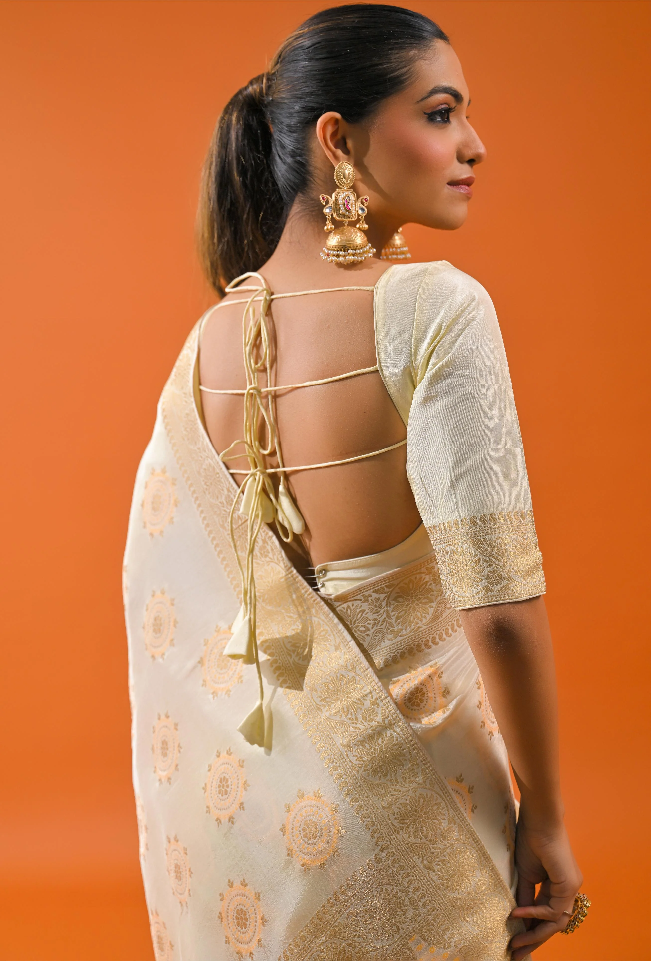 Bright Cream Embroidered Dola Silk Saree - Image 8