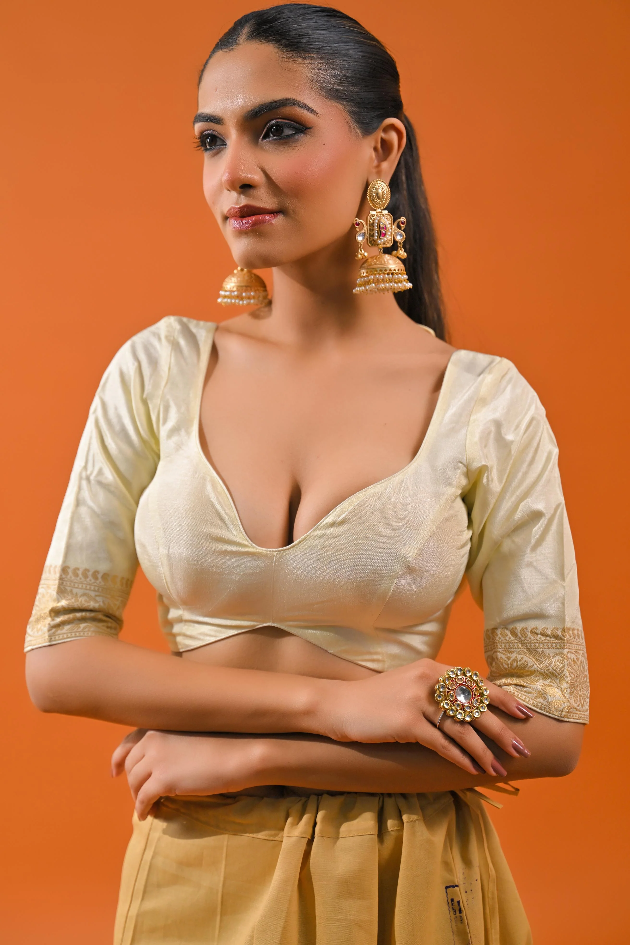 Bright Cream Embroidered Dola Silk Saree - Image 9