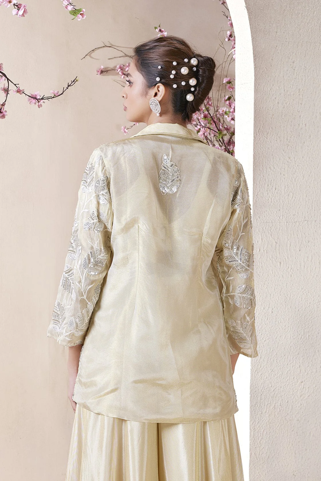 Bright Cream Embroidered Jacket & Palazzo Set - Image 3