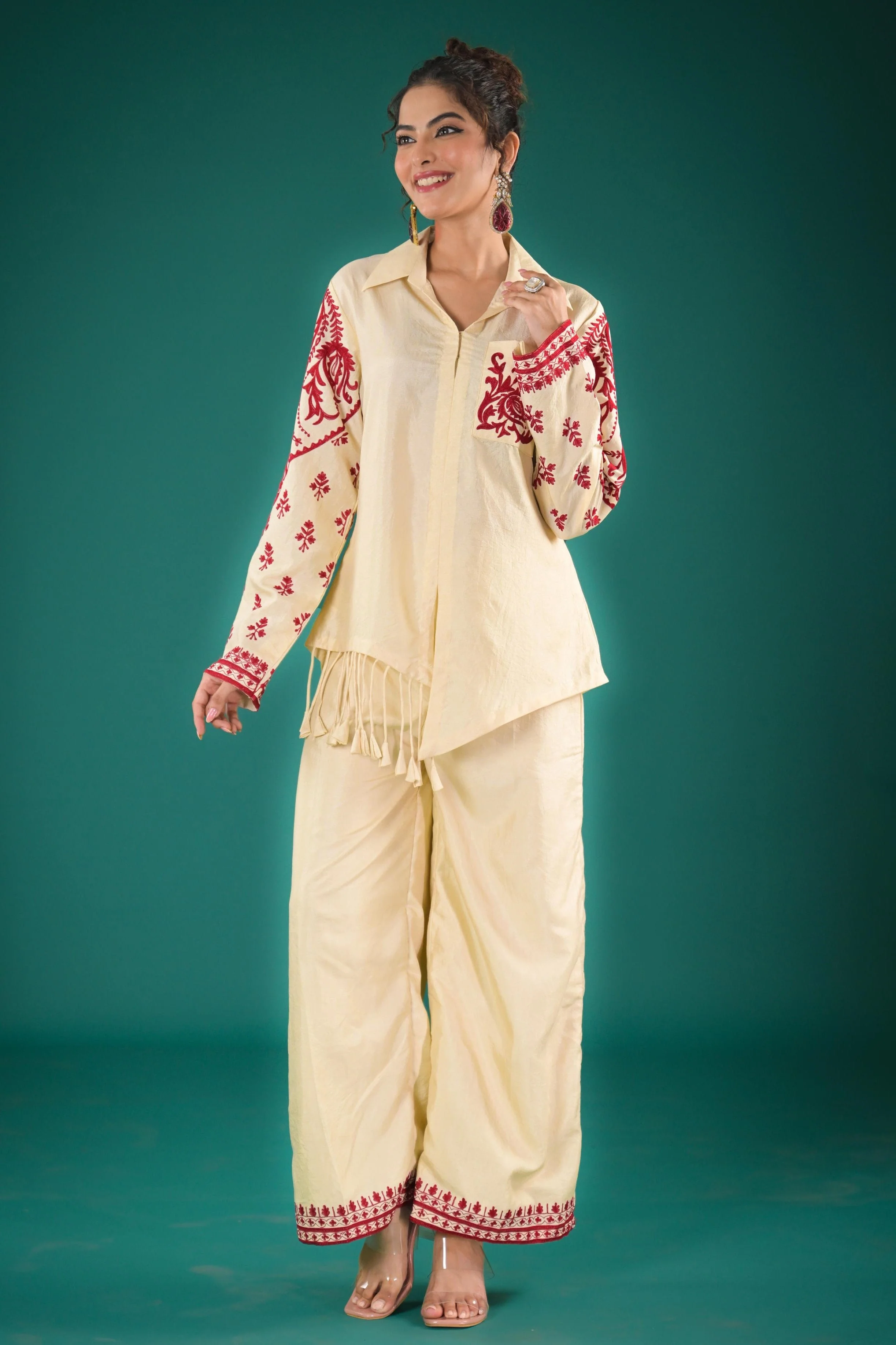 Bright Cream Embroidered Raw Silk Co-Ord Set - Image 3
