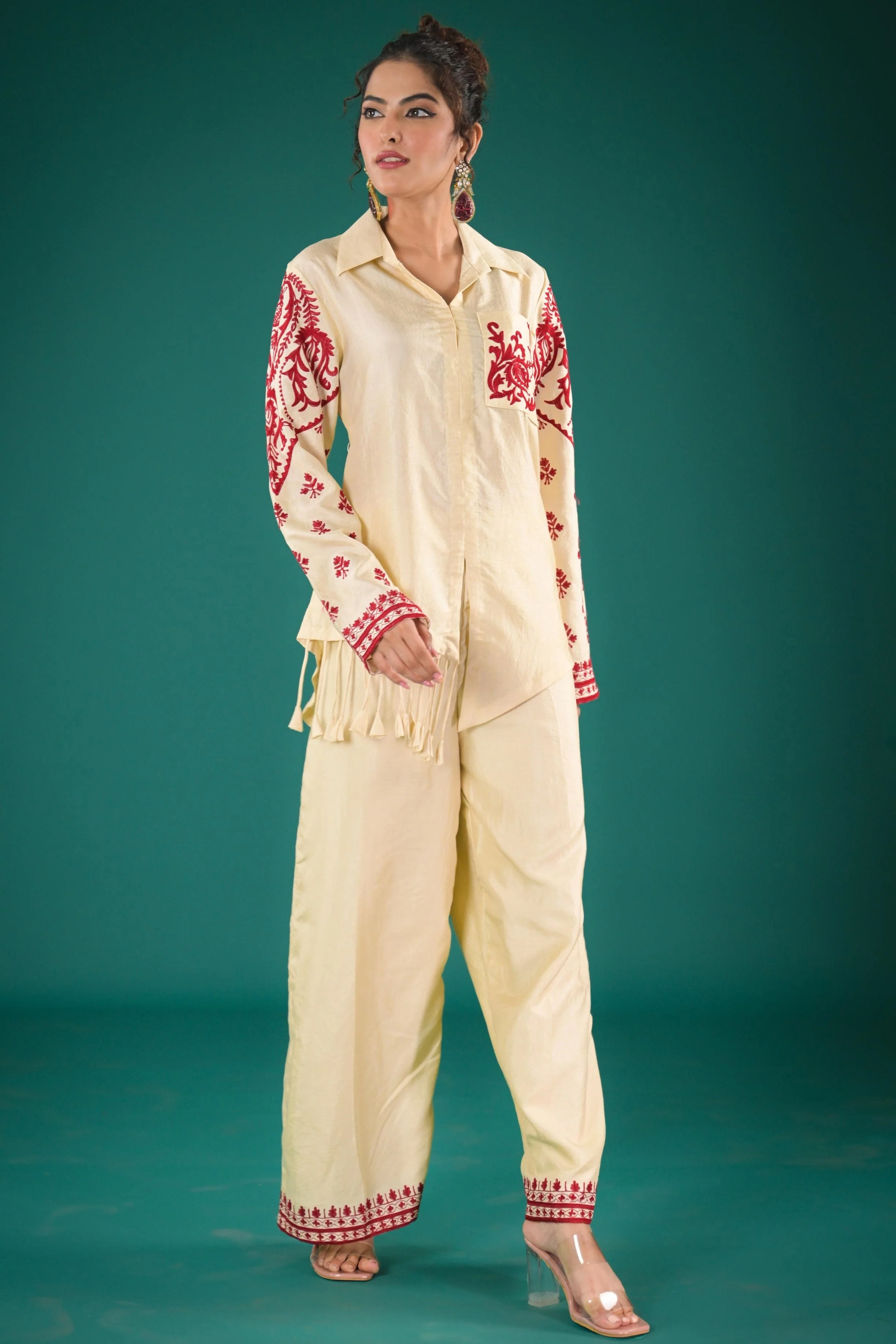 Bright Cream Embroidered Raw Silk Co-Ord Set - Image 4