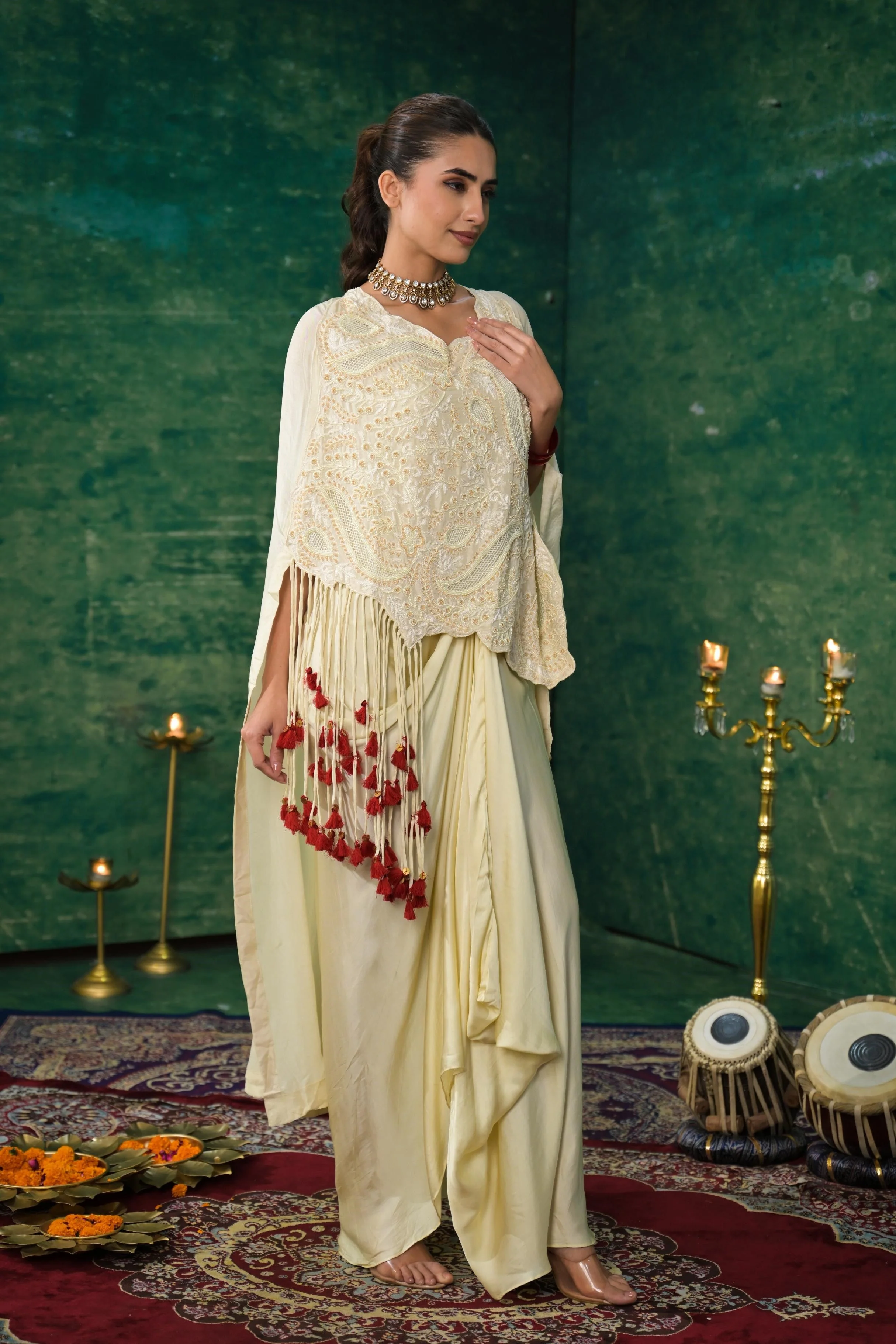 Bright Cream Embroidered Spanish Silk Skirt Set - Image 3