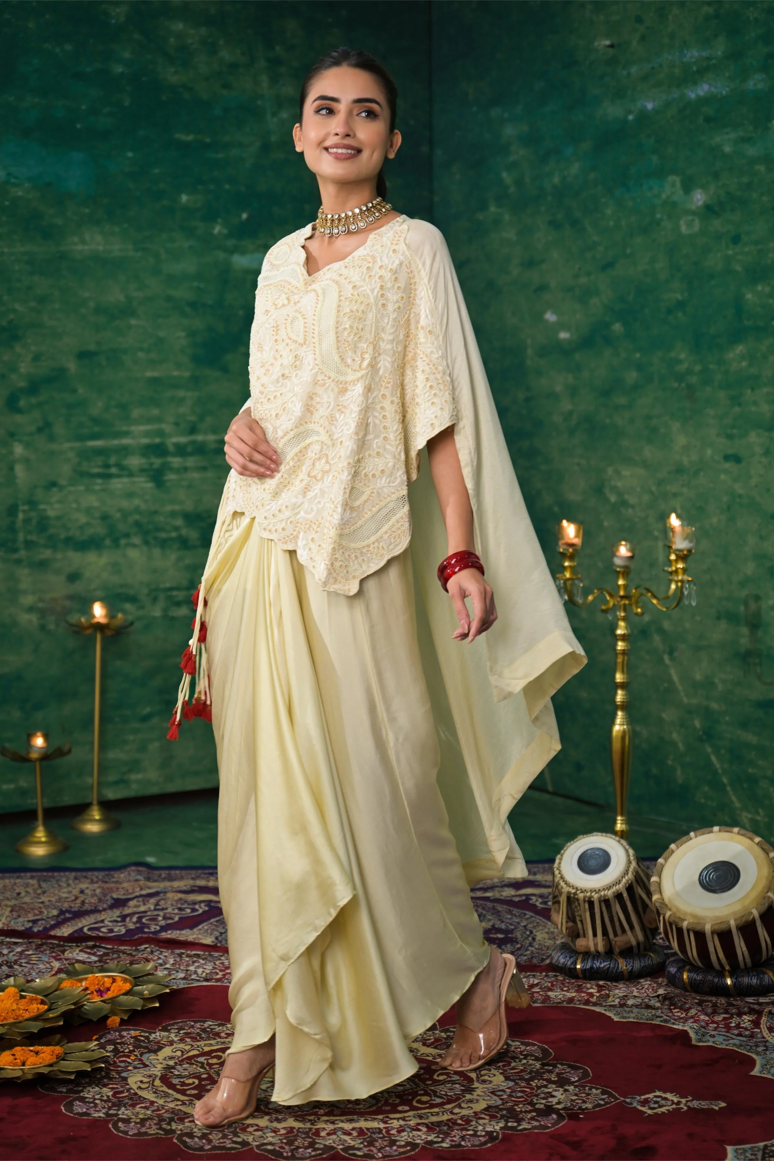 Bright Cream Embroidered Spanish Silk Skirt Set - Image 4