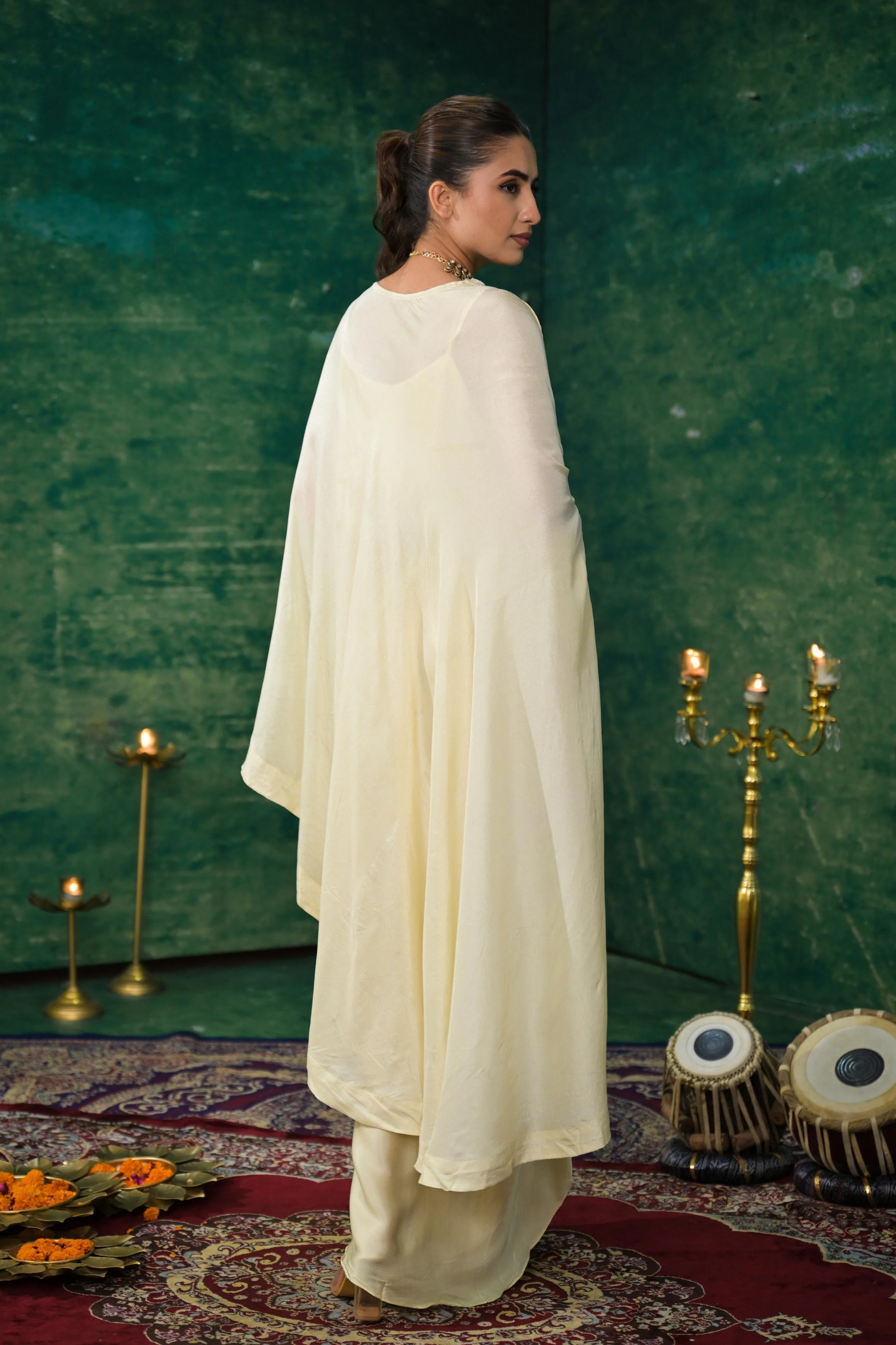 Bright Cream Embroidered Spanish Silk Skirt Set - Image 5