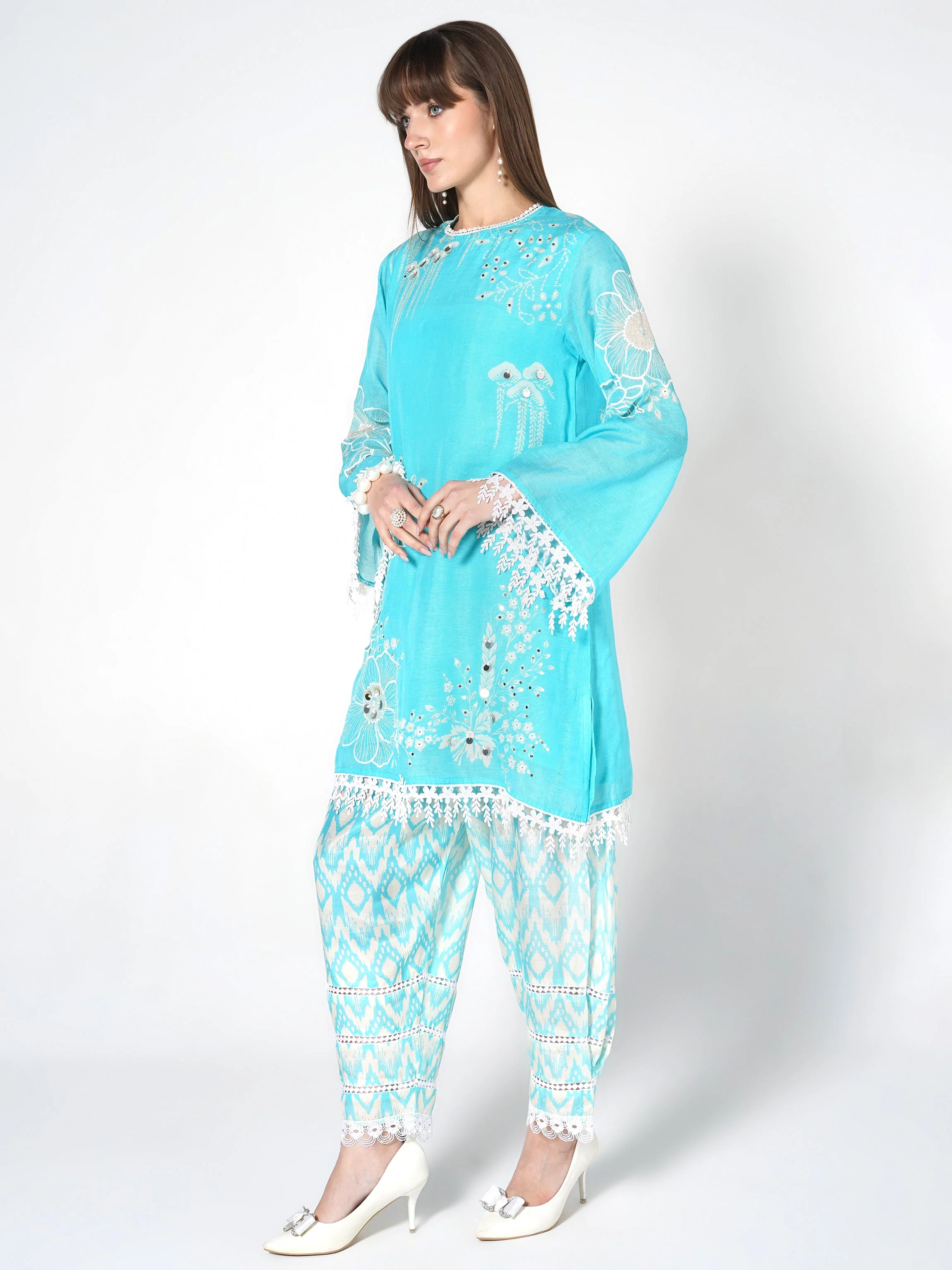 Bright Cyan Printed Linen Silk Co-Ord Set - Image 3