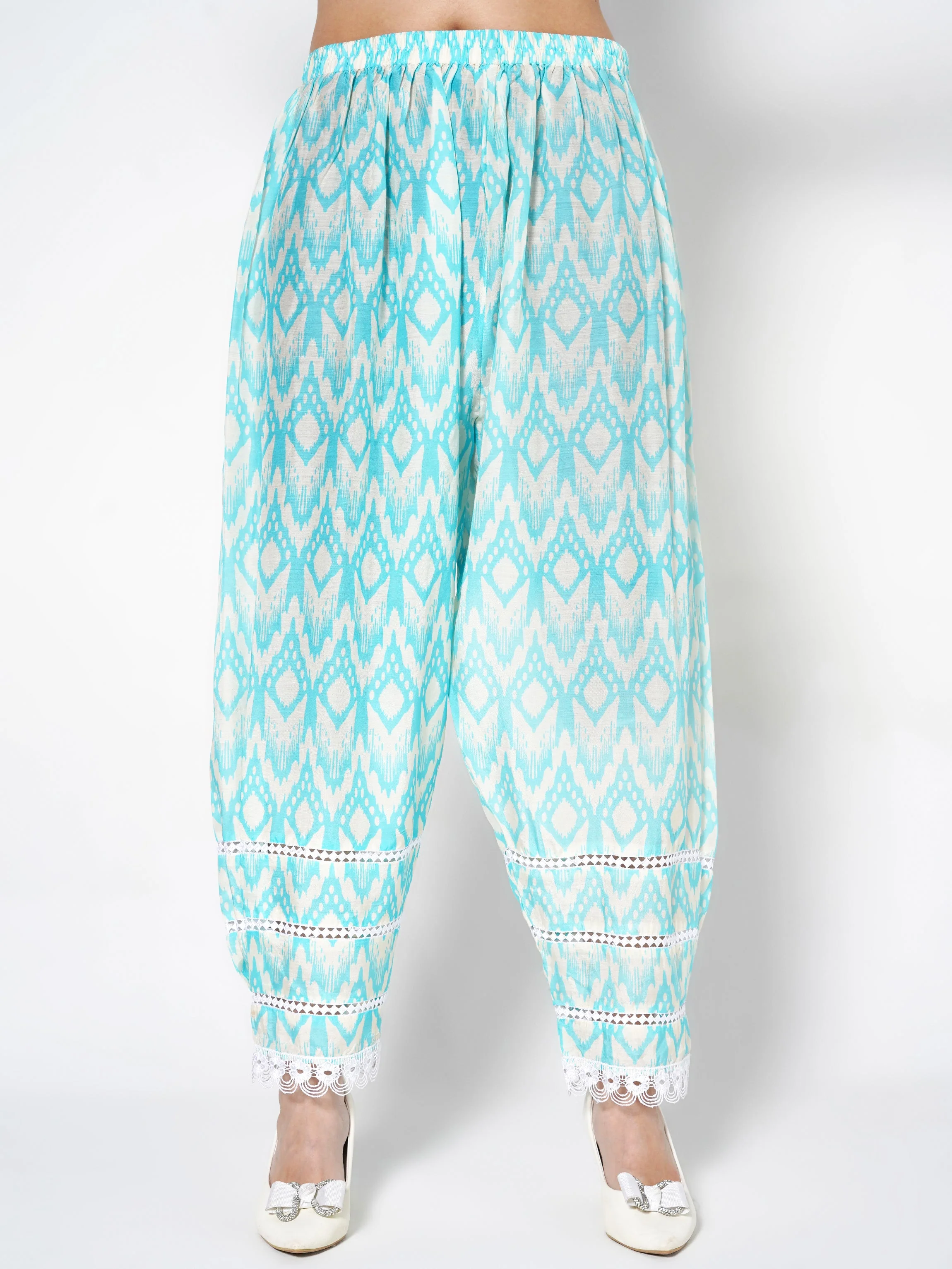 Bright Cyan Printed Linen Silk Co-Ord Set - Image 4