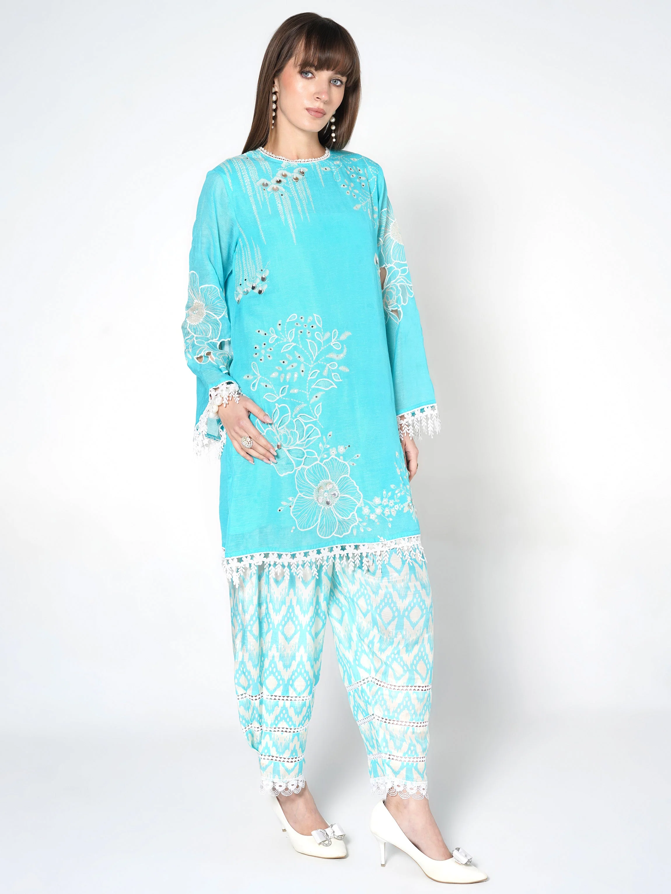 Bright Cyan Printed Linen Silk Co-Ord Set - Image 5