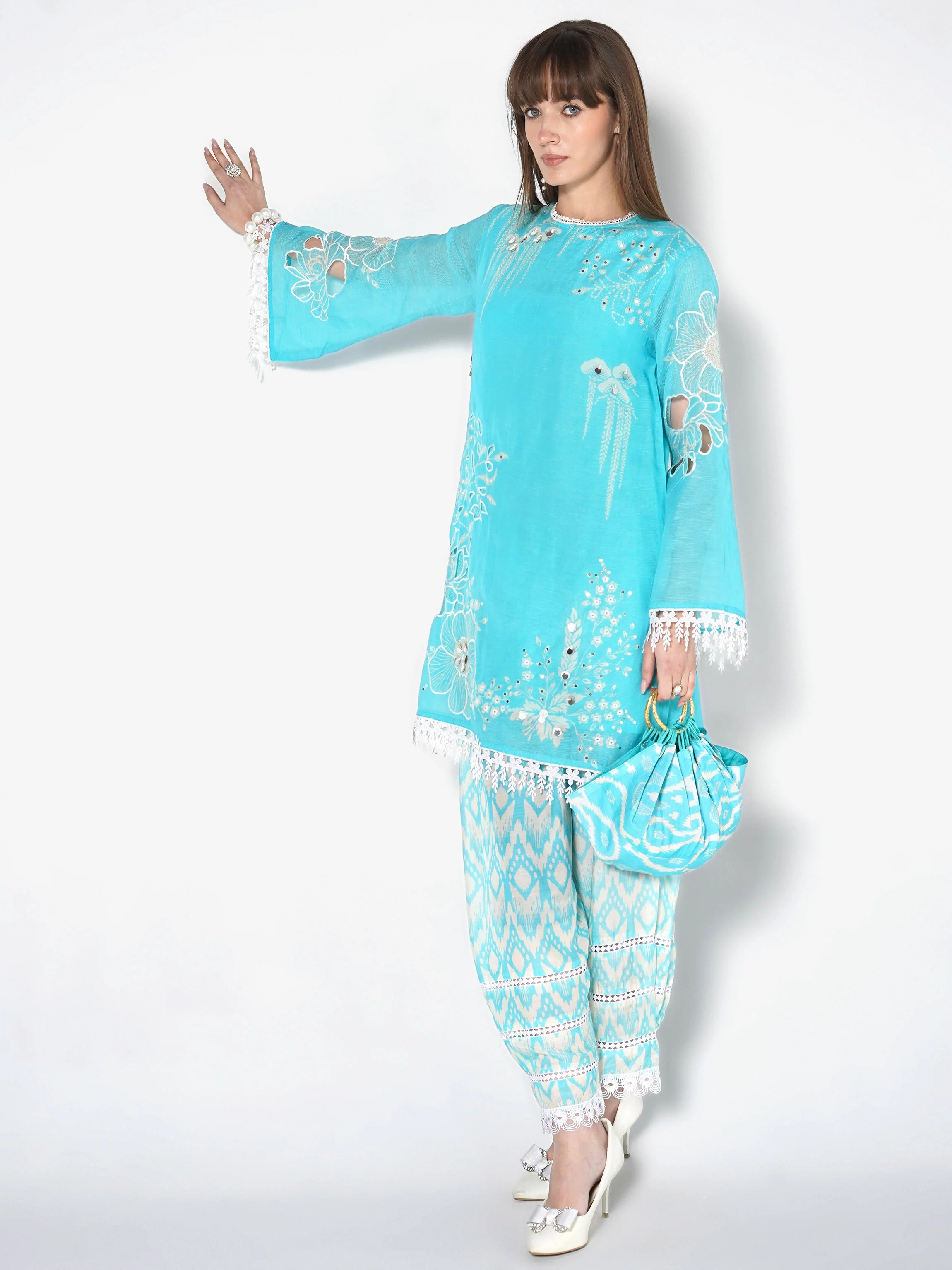 Bright Cyan Printed Linen Silk Co-Ord Set - Image 6