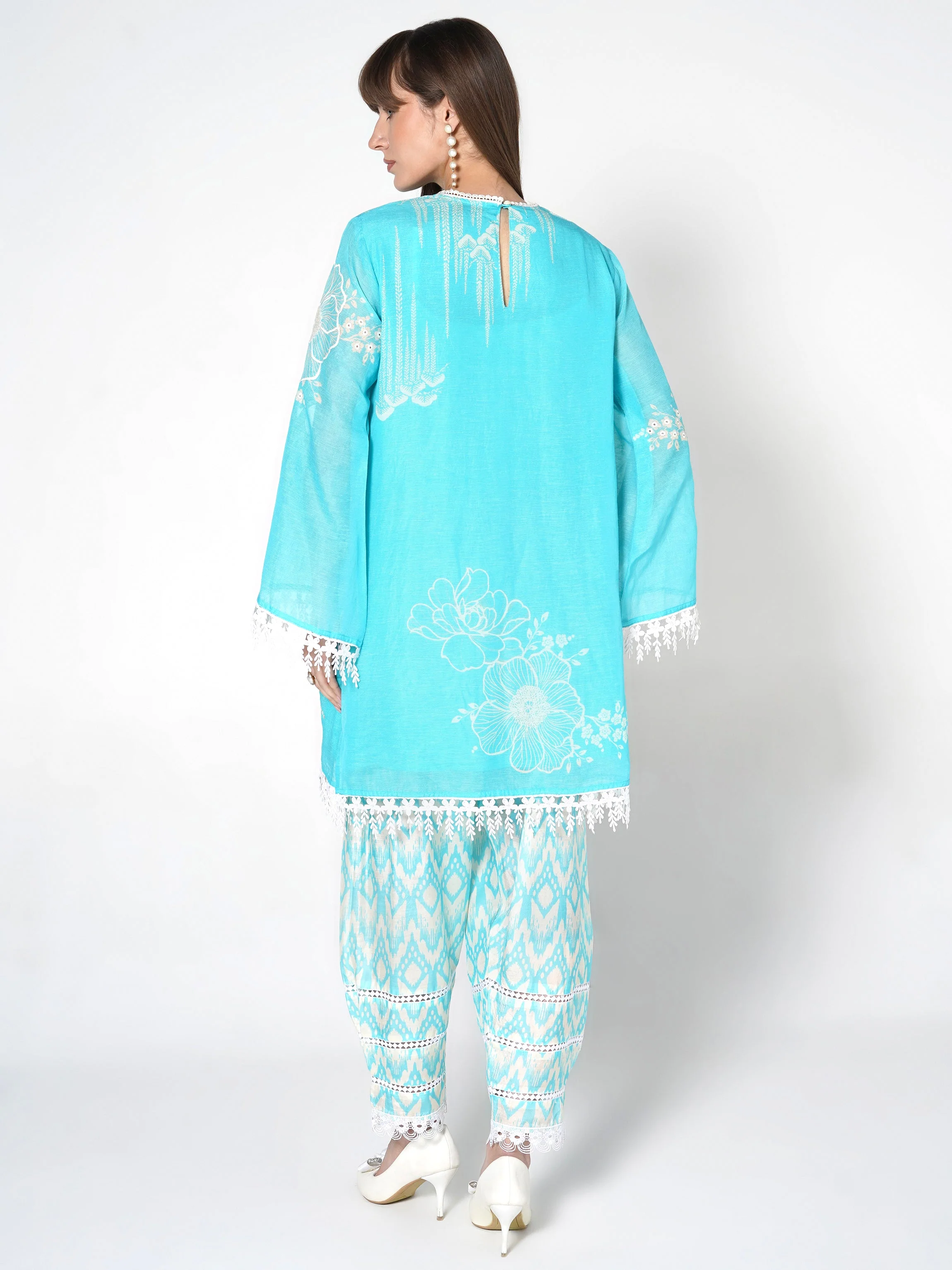 Bright Cyan Printed Linen Silk Co-Ord Set - Image 7