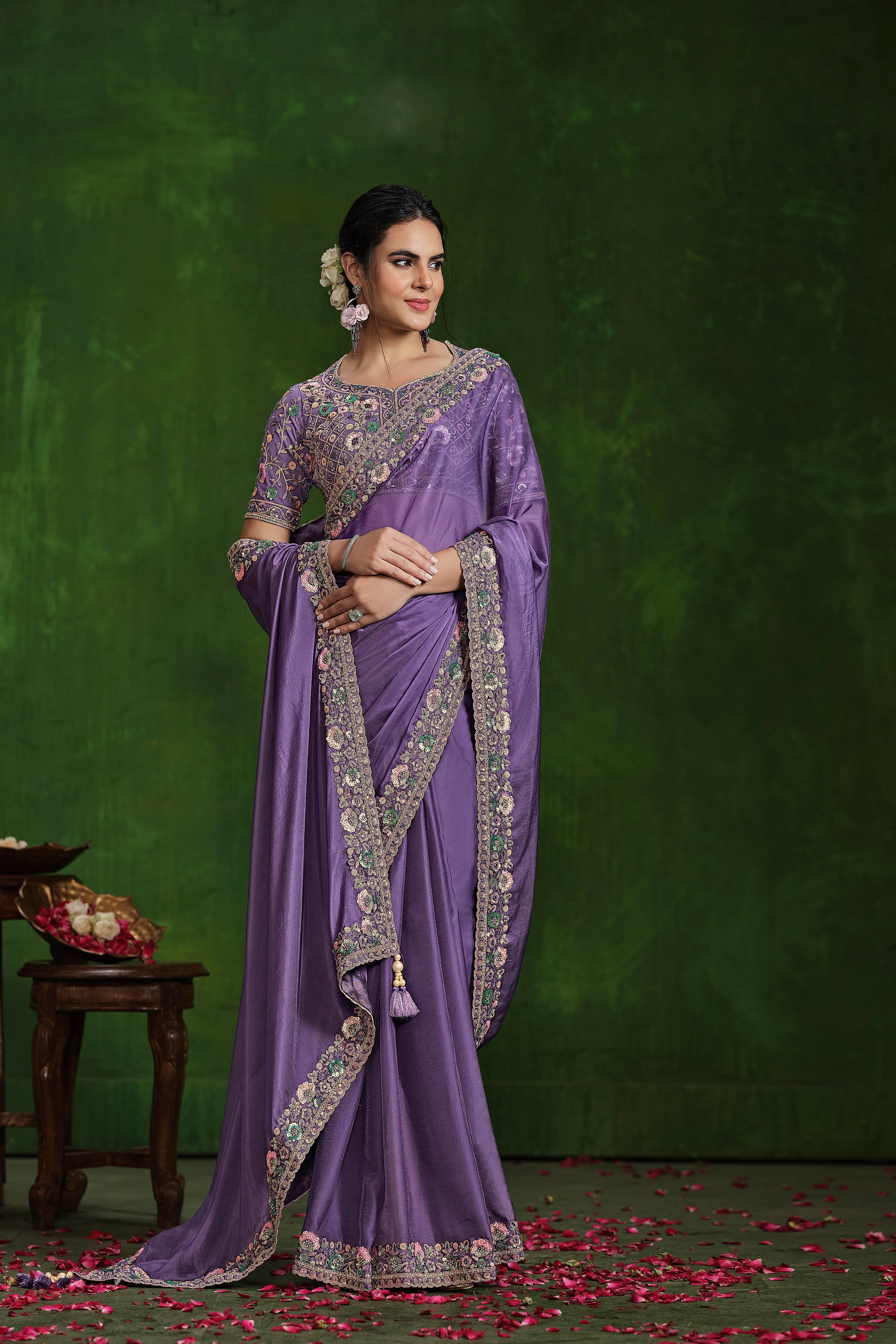 Bright Lavender Embellished  Habotai Silk Saree - Image 3