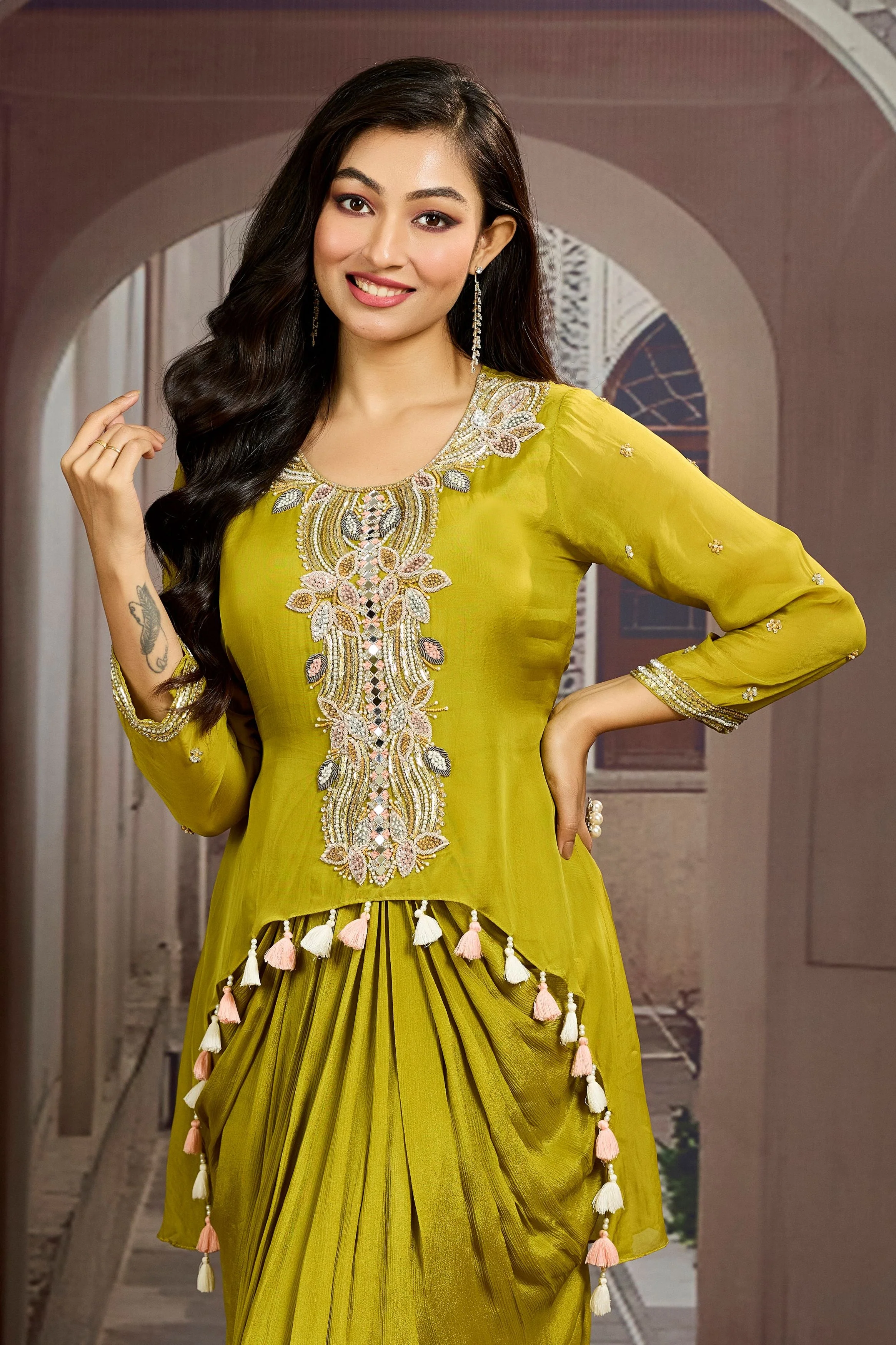 Pear Green Embellished Chinon Silk Tunic Dress - Image 2