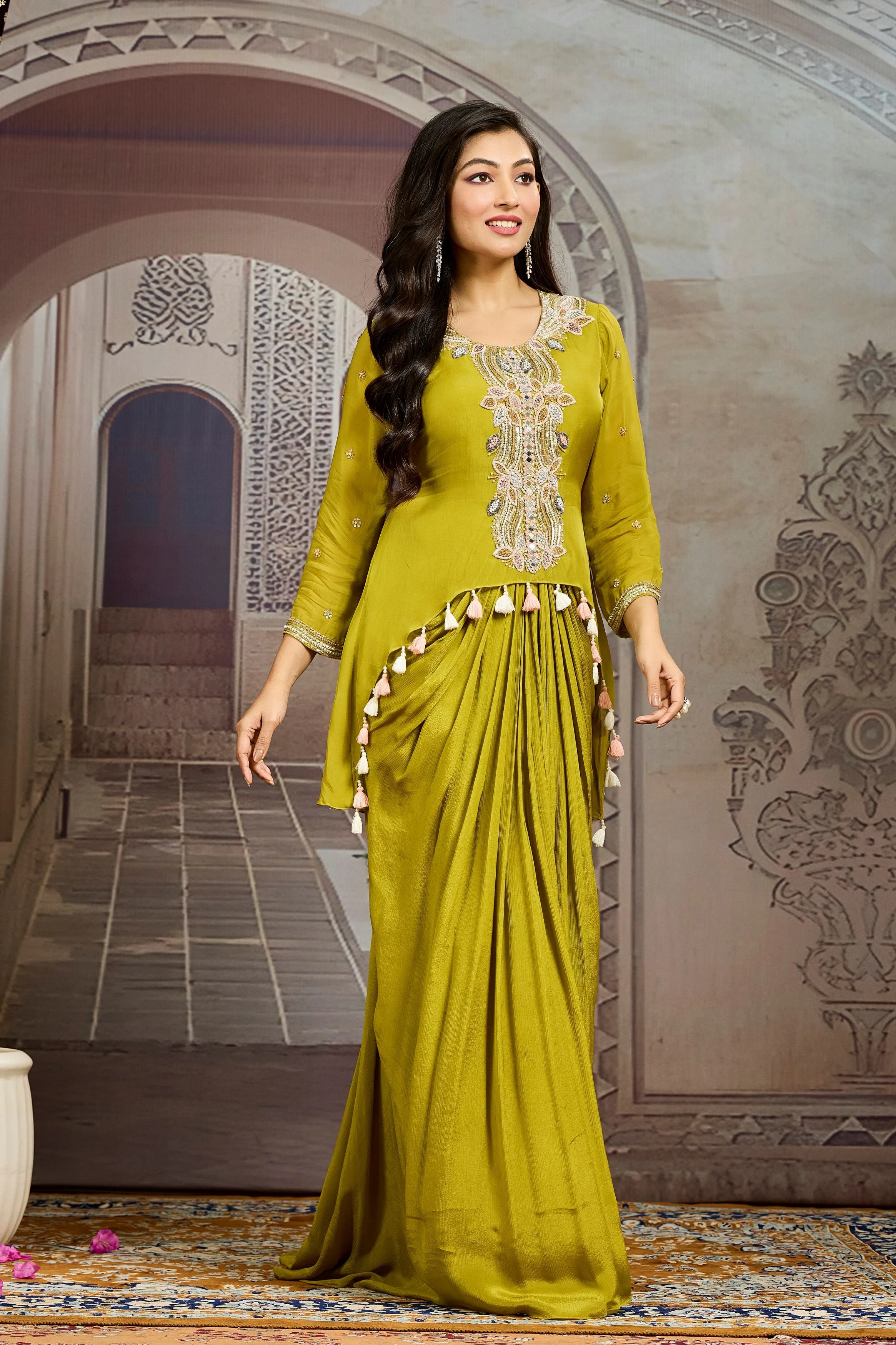 Pear Green Embellished Chinon Silk Tunic Dress - Image 3