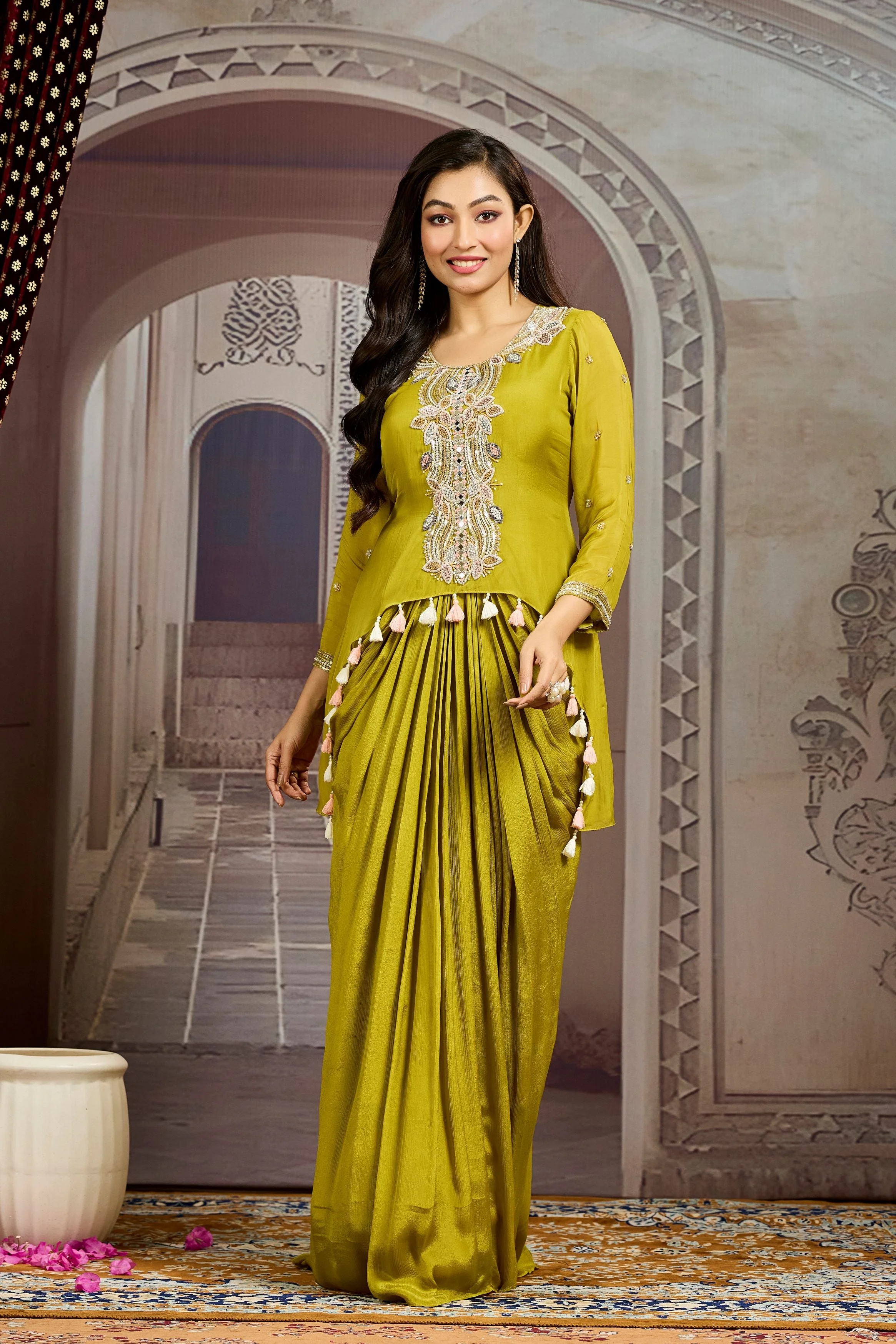 Pear Green Embellished Chinon Silk Tunic Dress - Image 4