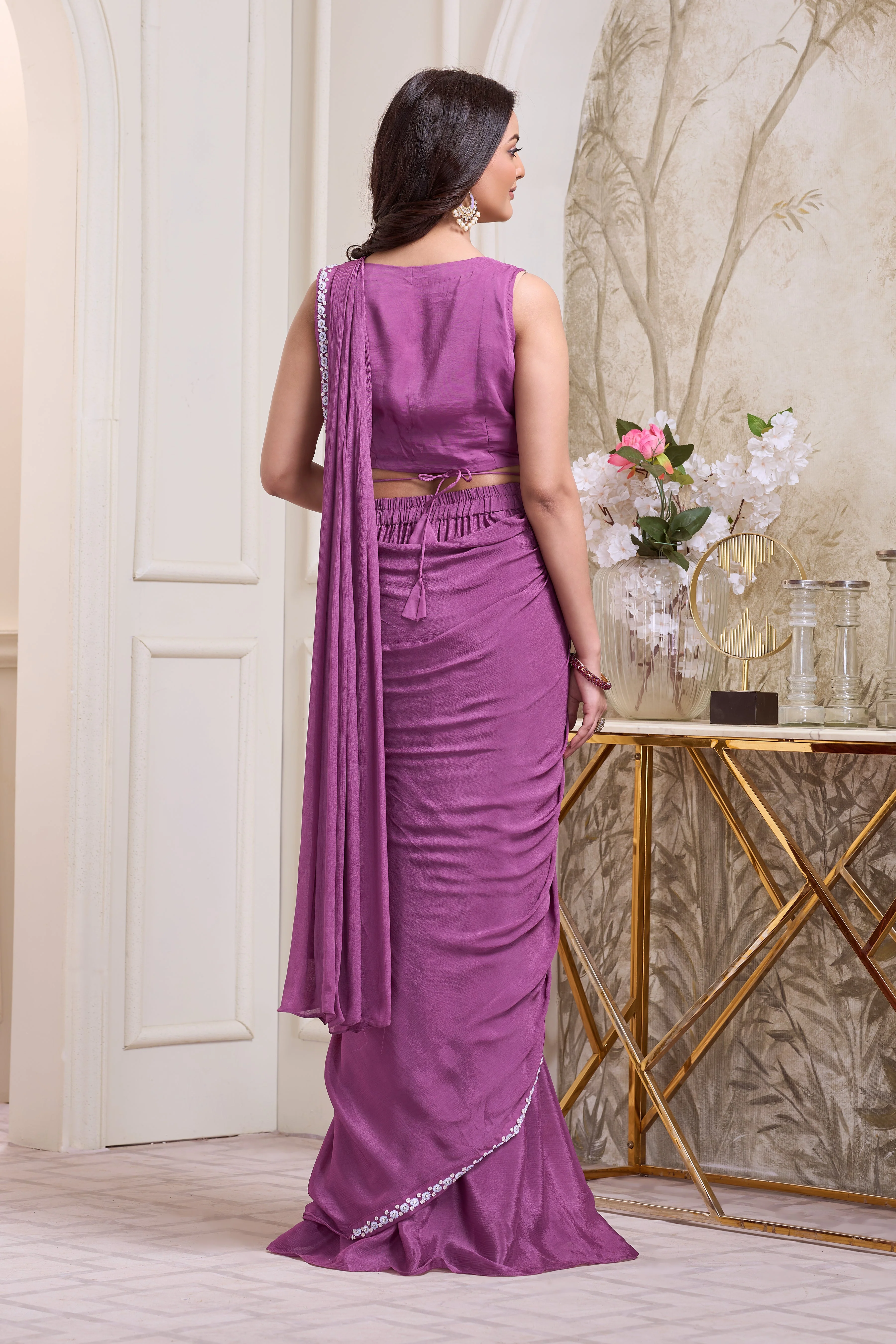 Orchid Purple Embellished Chinon Silk Drape Saree - Image 3