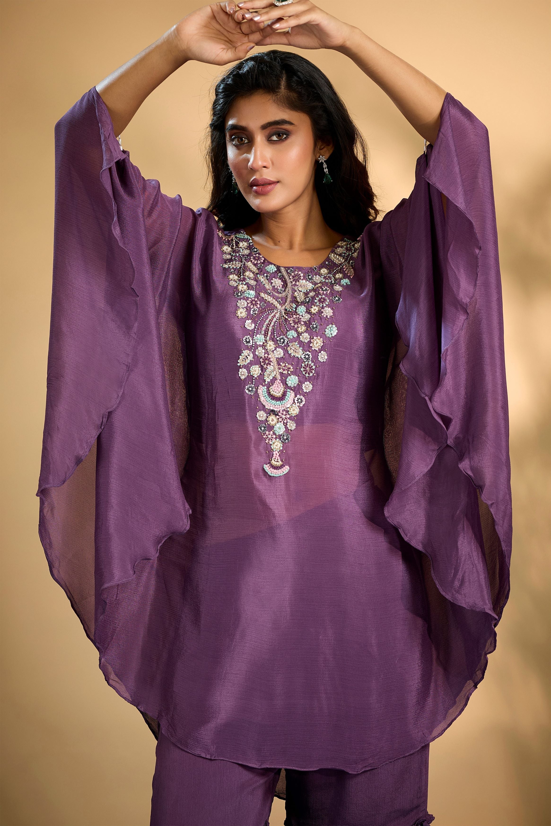 Bright Purple Embellished Chinon Silk Kaftan Set - Image 2