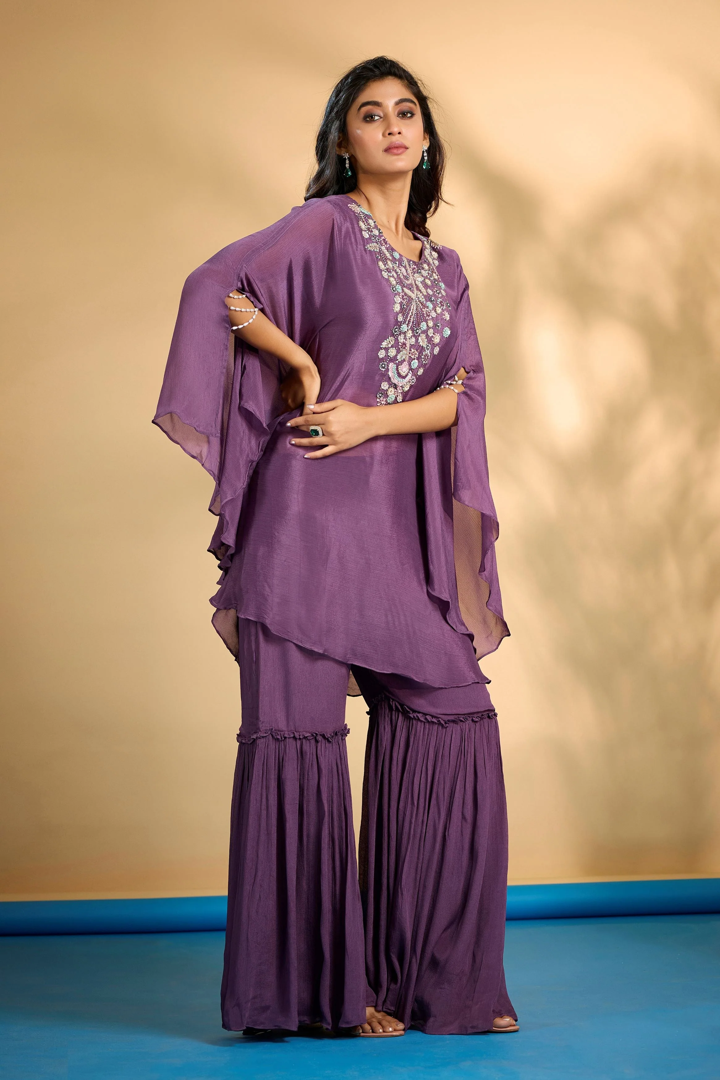 Bright Purple Embellished Chinon Silk Kaftan Set - Image 3