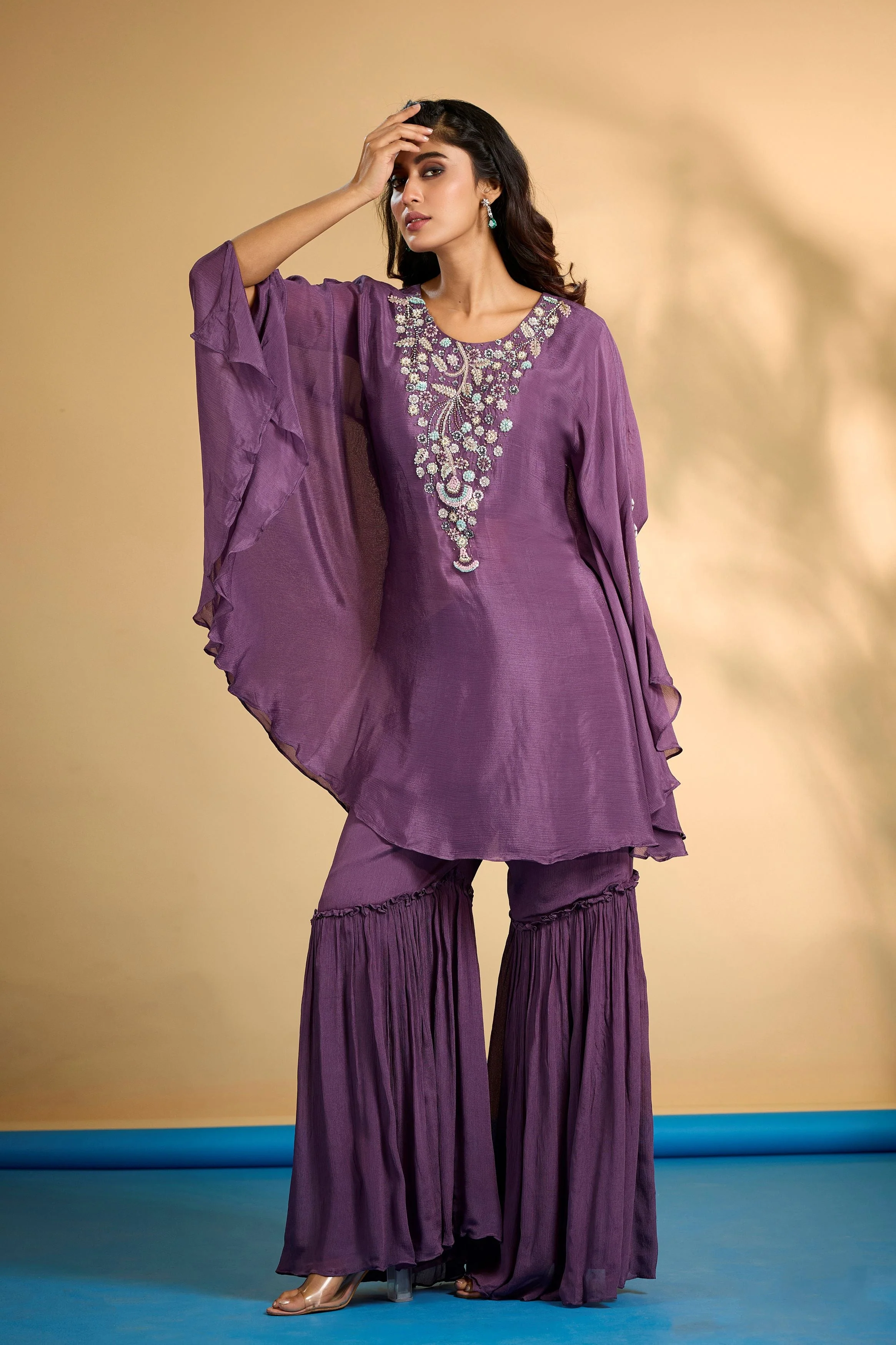Bright Purple Embellished Chinon Silk Kaftan Set - Image 4