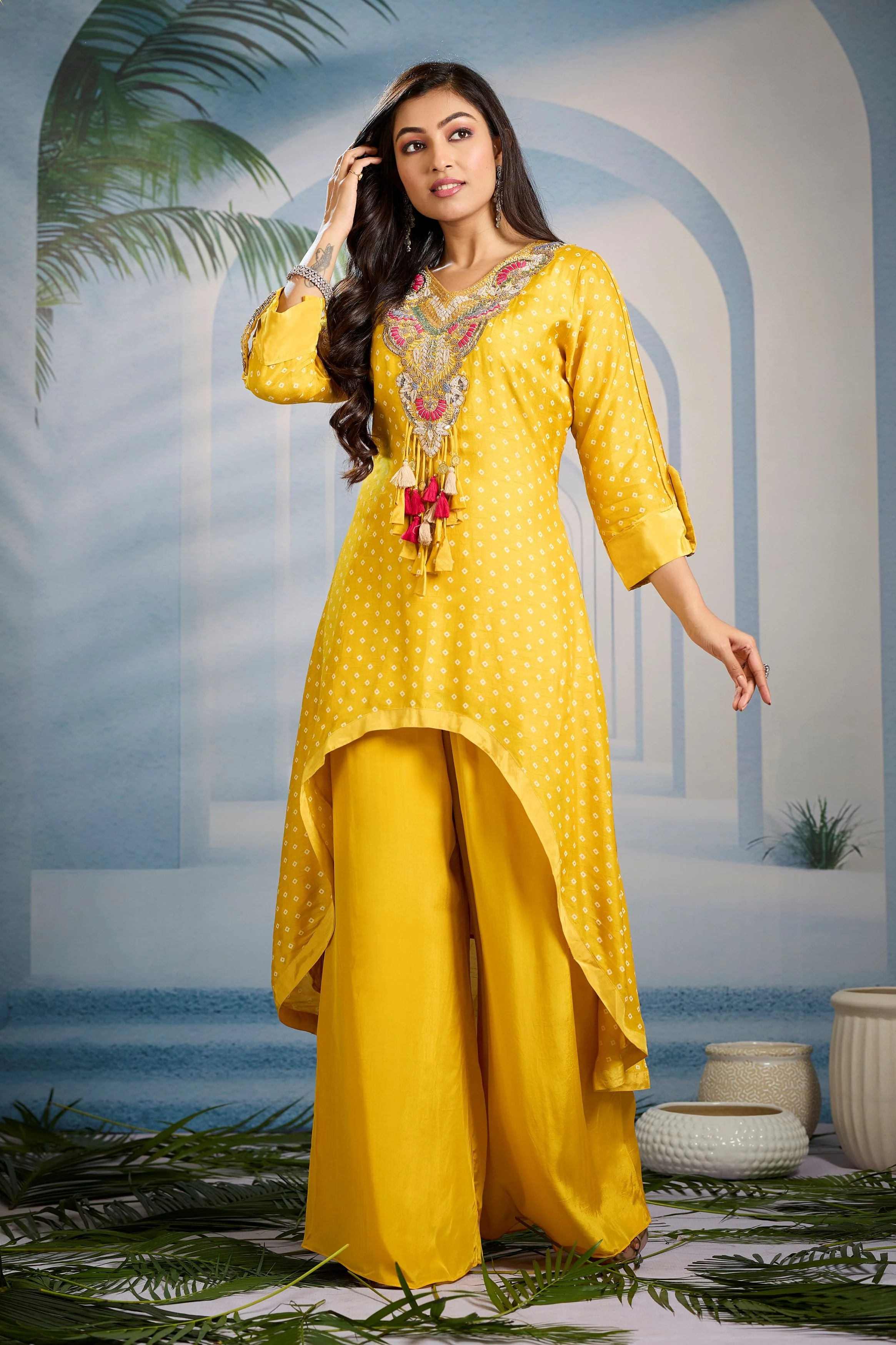 Classic Yellow Bandhani Printed Kurta Set - Image 3
