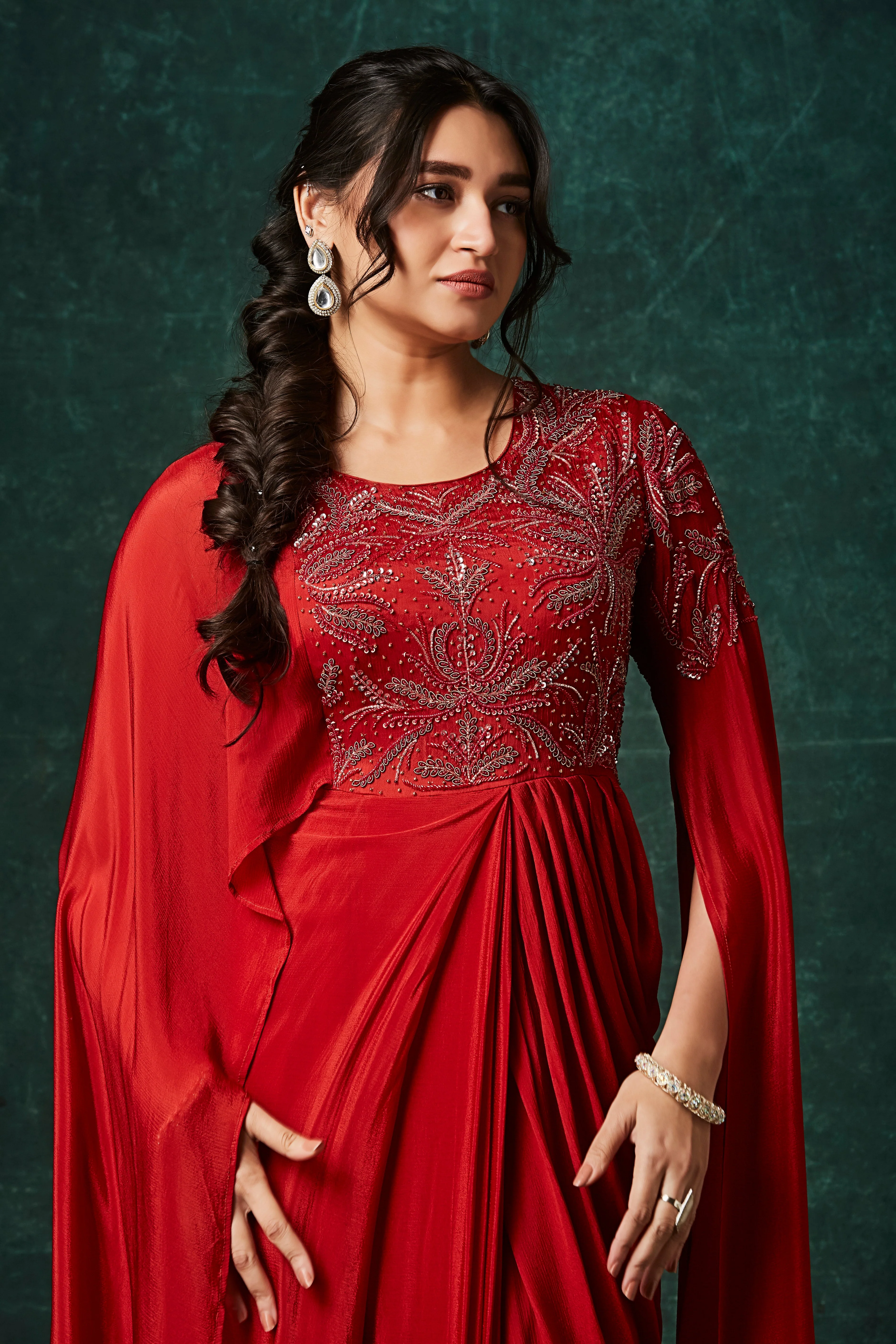 Rust Orange Embellished Chinon Silk Gown - Image 2