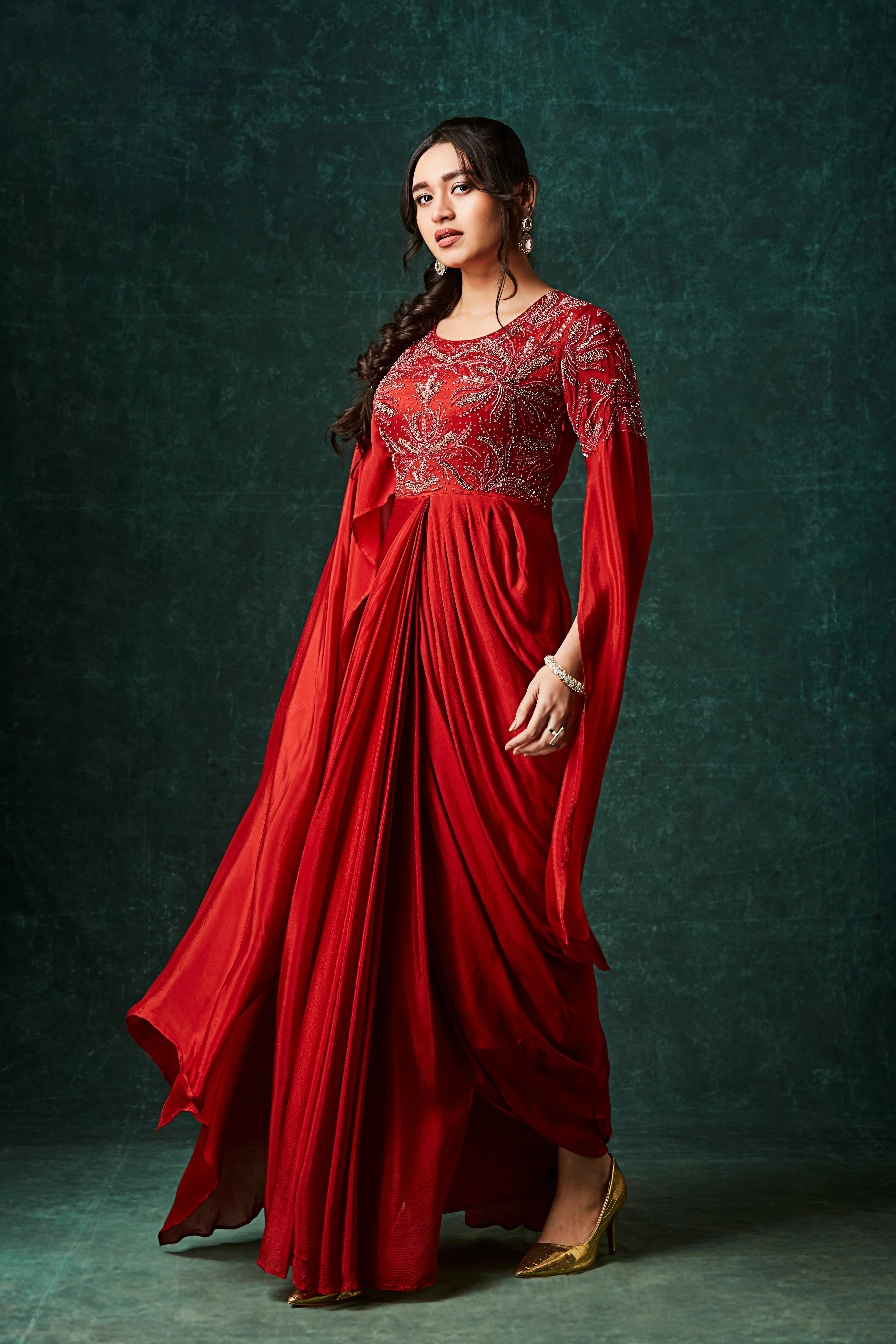 Rust Orange Embellished Chinon Silk Gown - Image 3