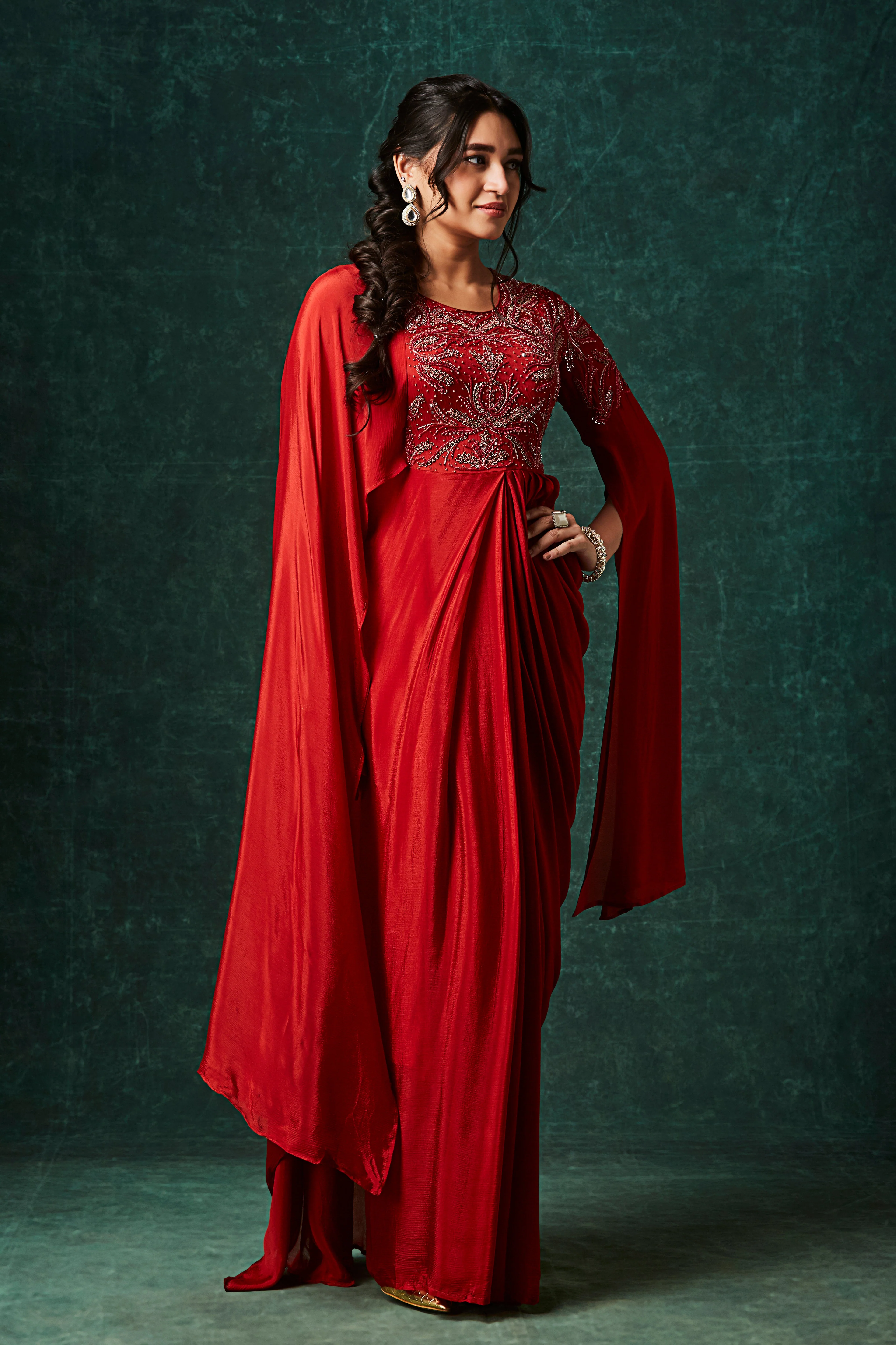 Rust Orange Embellished Chinon Silk Gown - Image 4