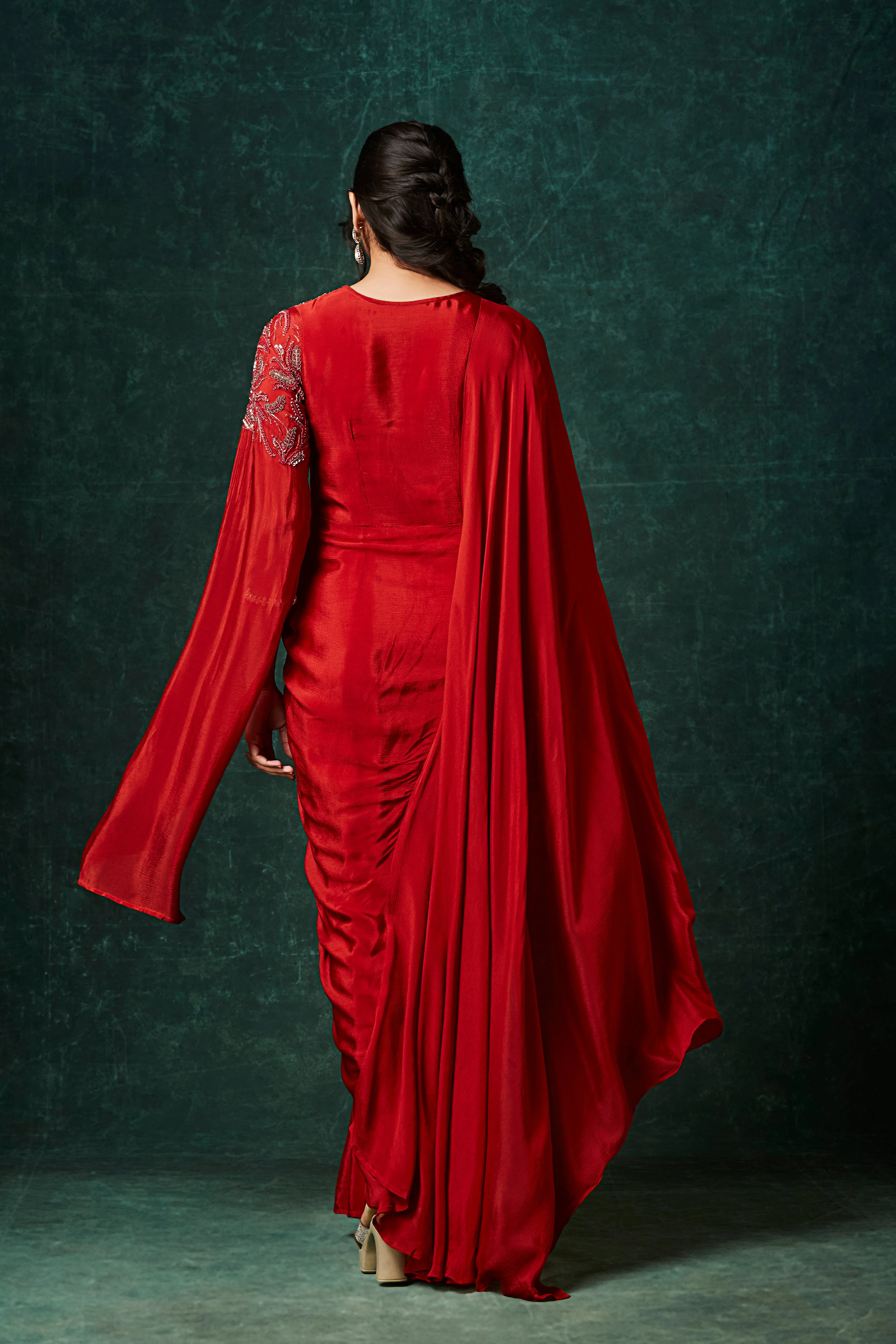 Rust Orange Embellished Chinon Silk Gown - Image 5