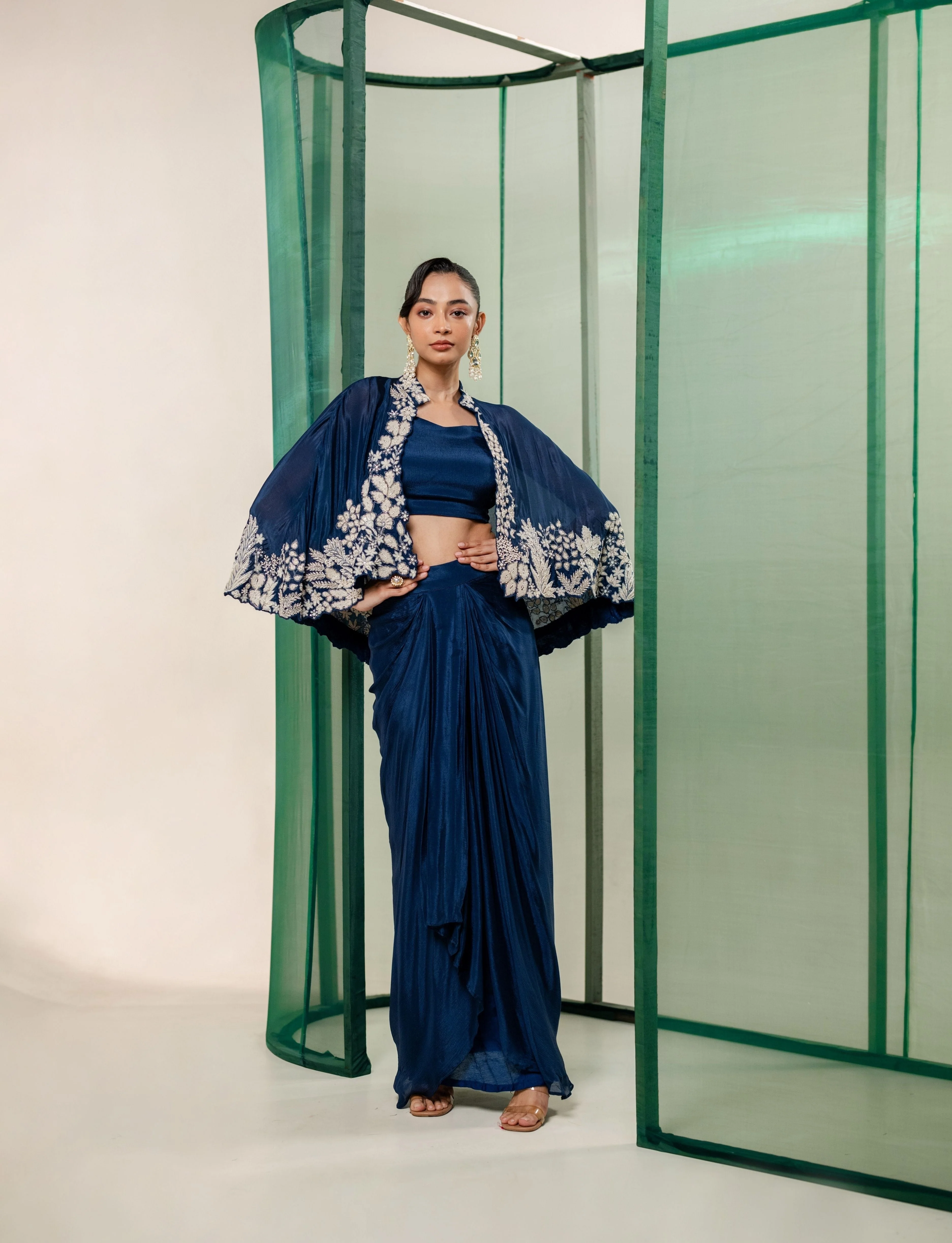 Deep Blue Embellished Crepe Silk Cape Set