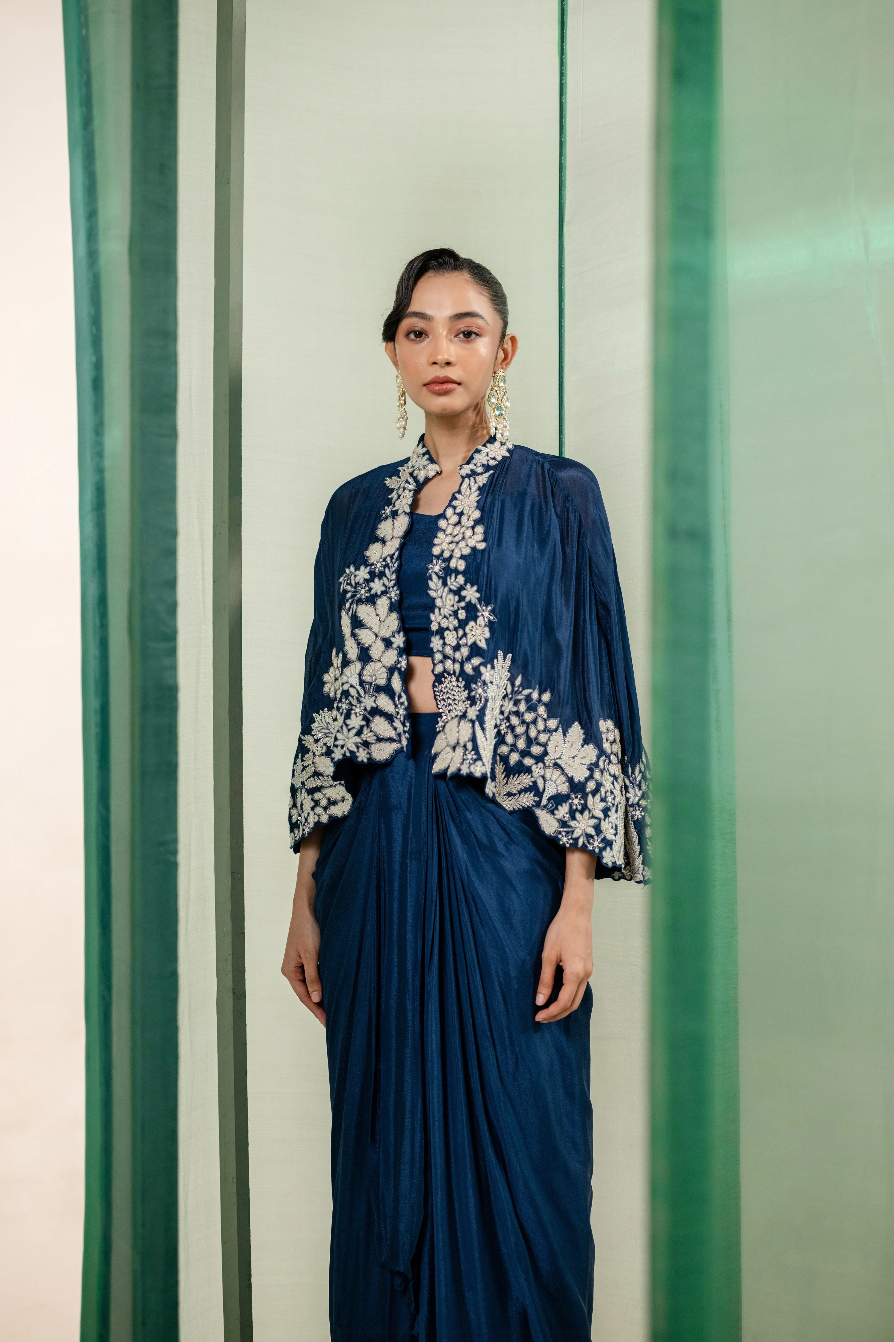 Deep Blue Embellished Crepe Silk Cape Set - Image 2