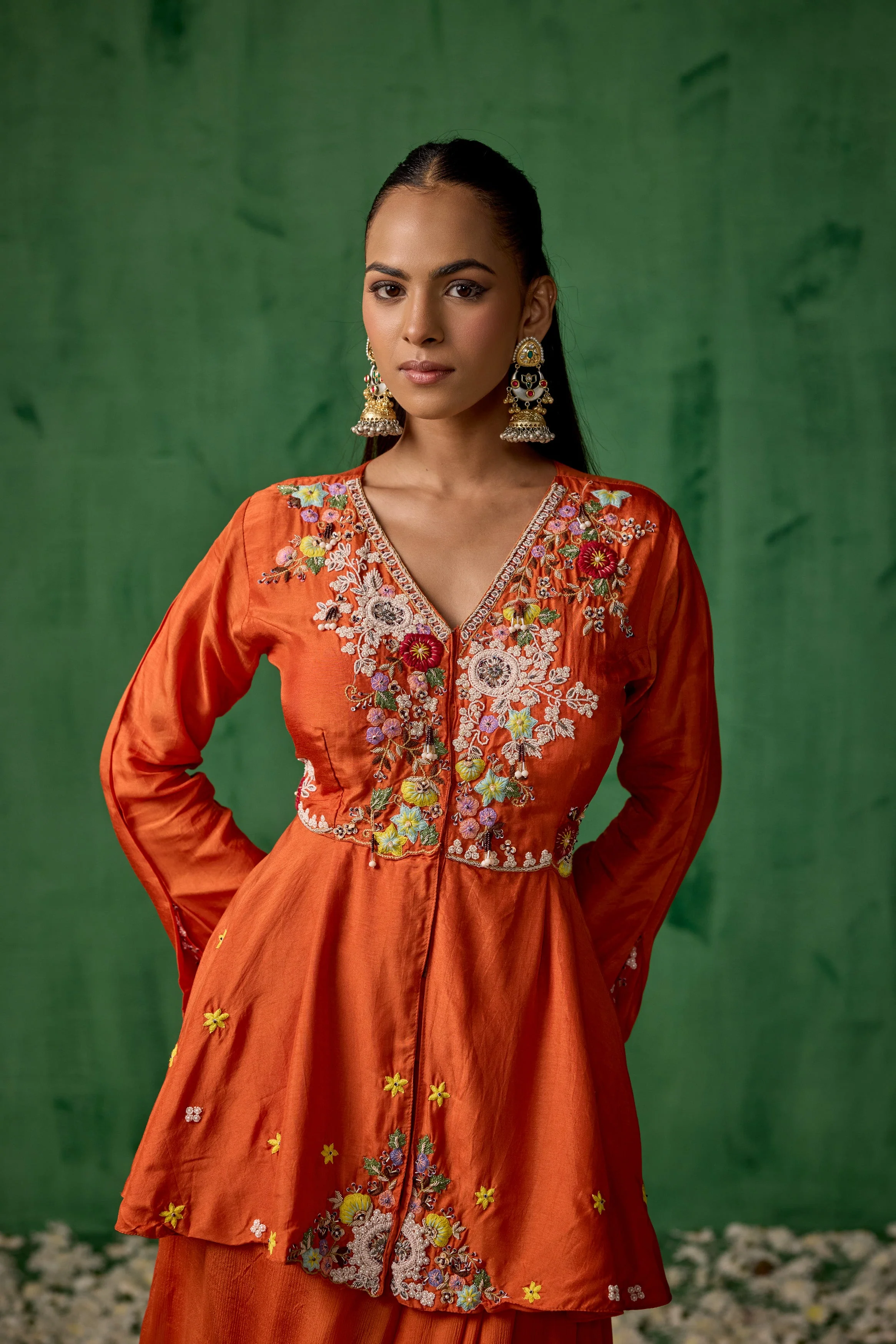 Bright Orange Embellished Premium Silk Skirt Set - Image 3