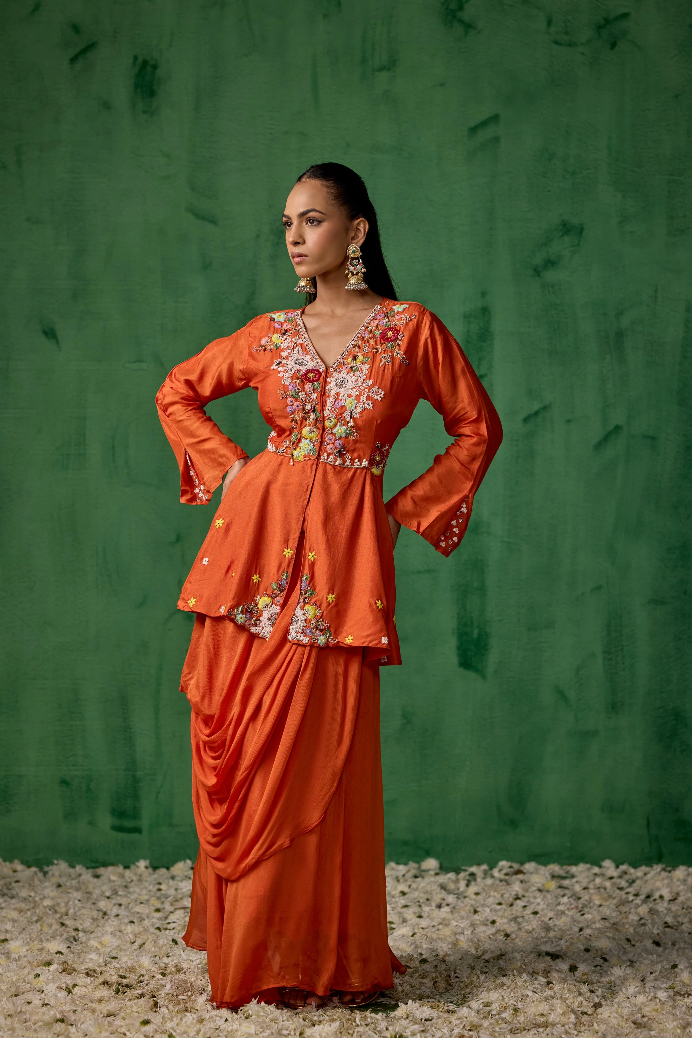 Bright Orange Embellished Premium Silk Skirt Set - Image 4