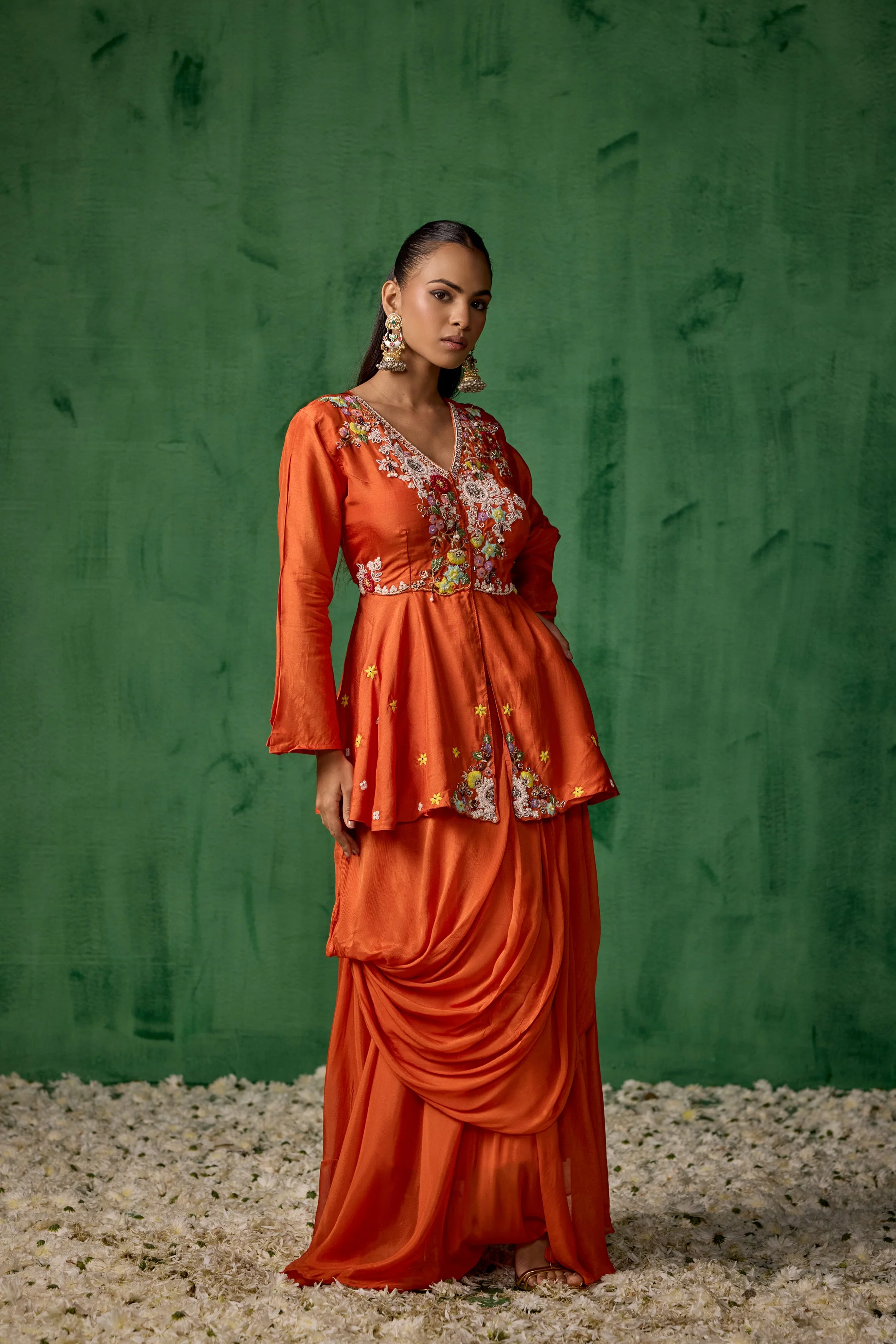 Bright Orange Embellished Premium Silk Skirt Set - Image 5