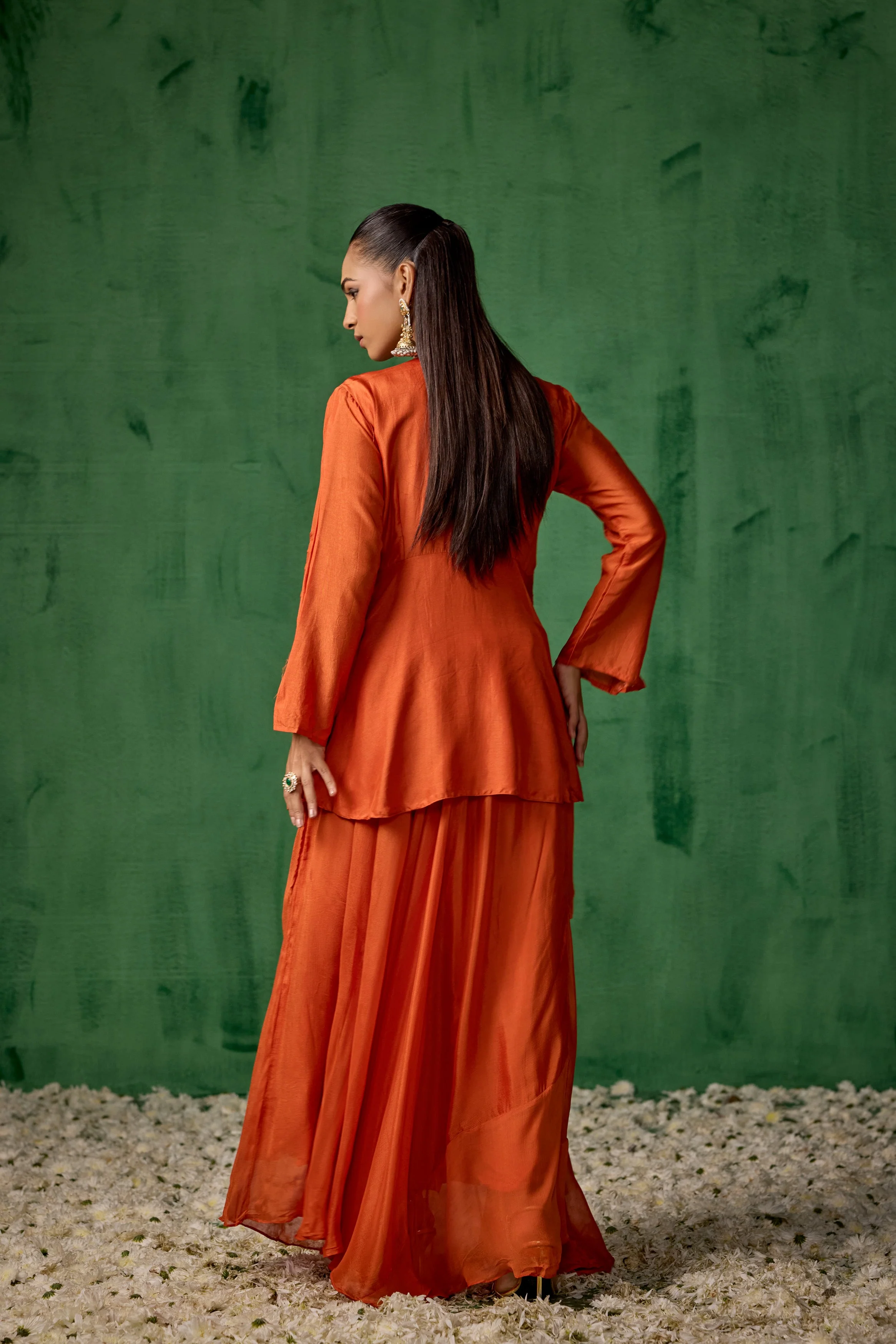 Bright Orange Embellished Premium Silk Skirt Set - Image 6