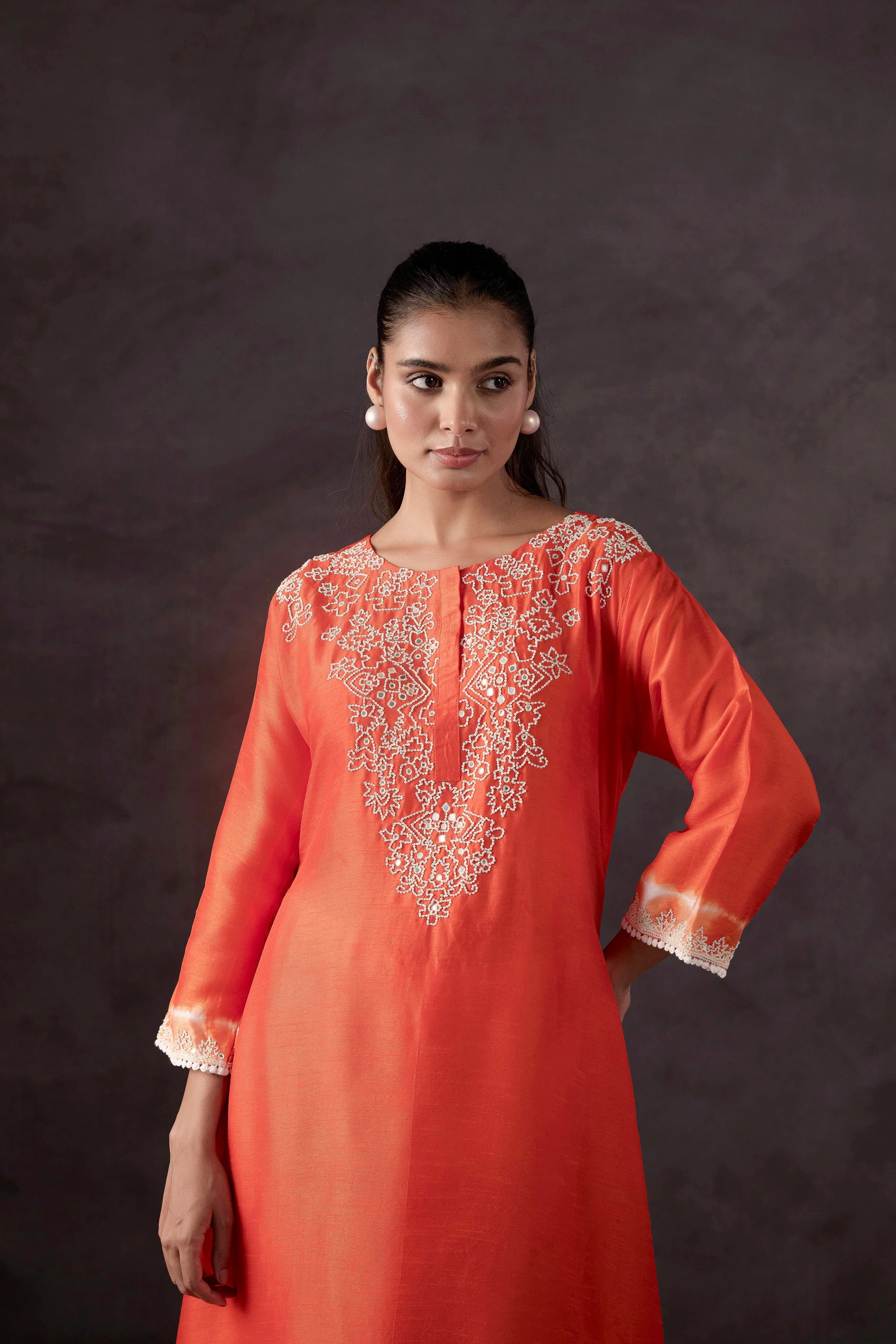 Orange Embellished Raw Silk Kurta Set - Image 3