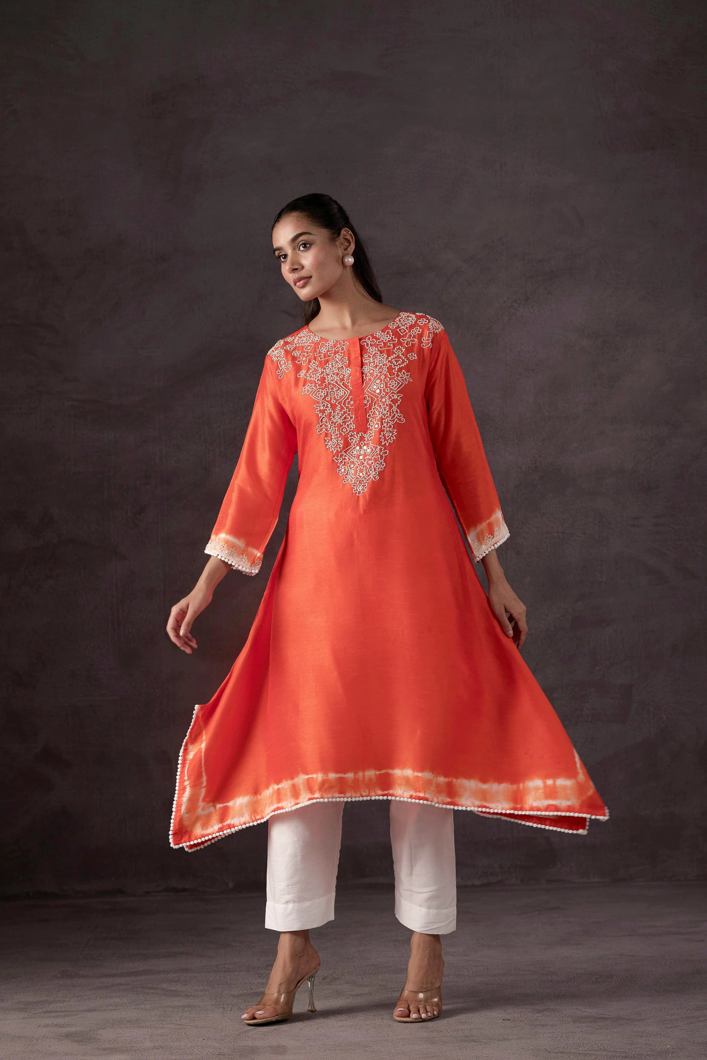 Orange Embellished Raw Silk Kurta Set - Image 4