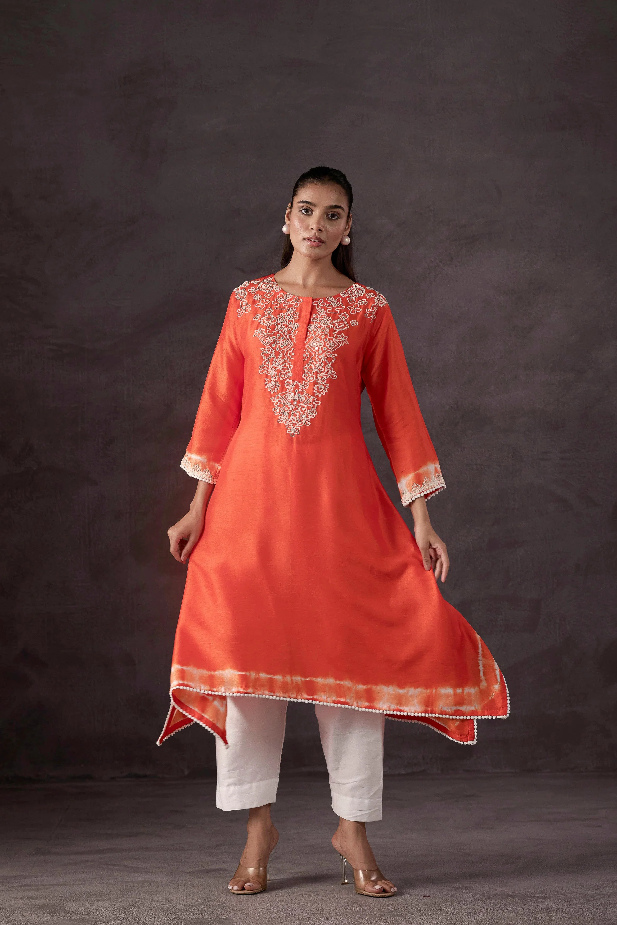 Orange Embellished Raw Silk Kurta Set - Image 5