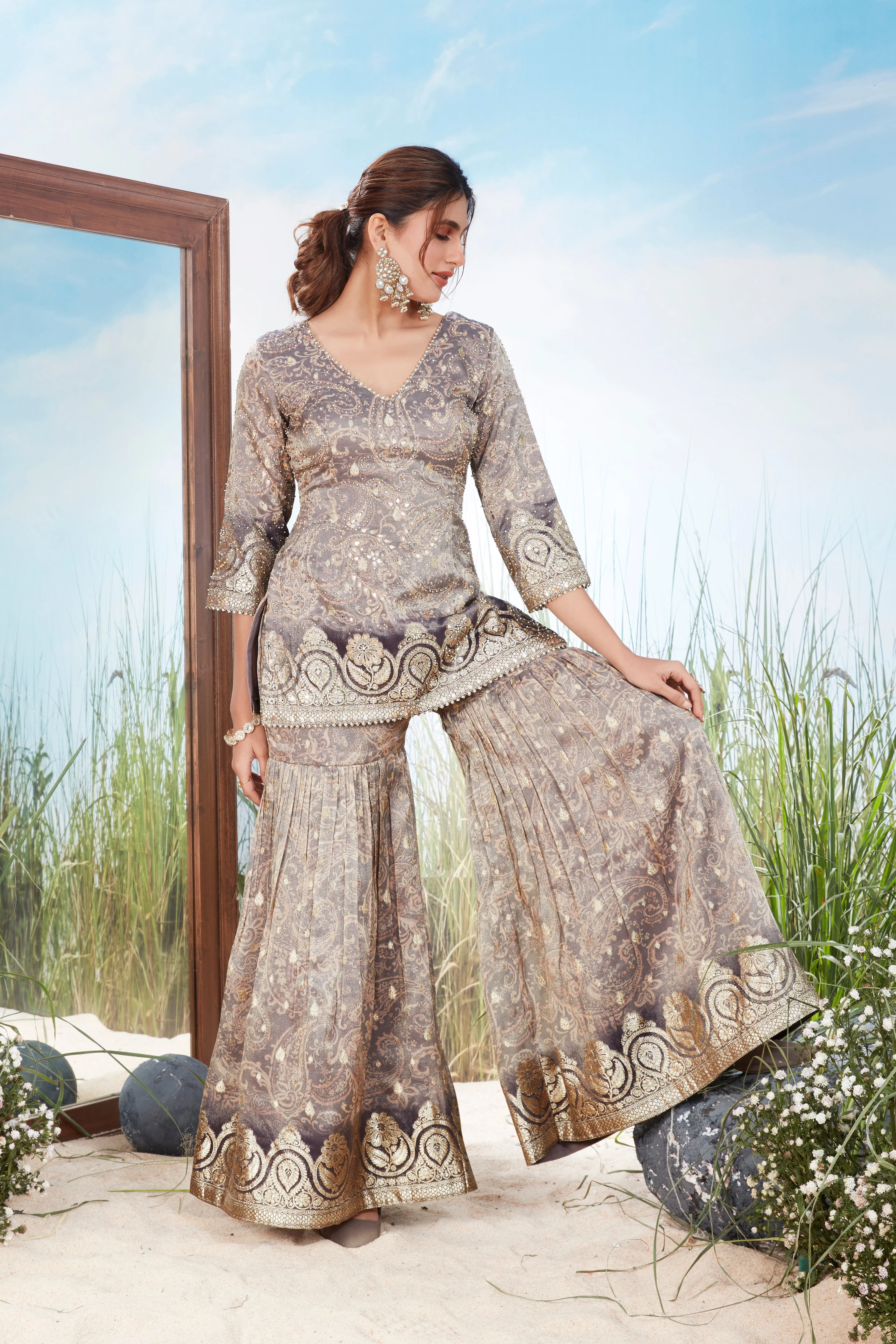 Silver-Grey Embellished Shimmer Tissue Silk Sharara Set - Image 2